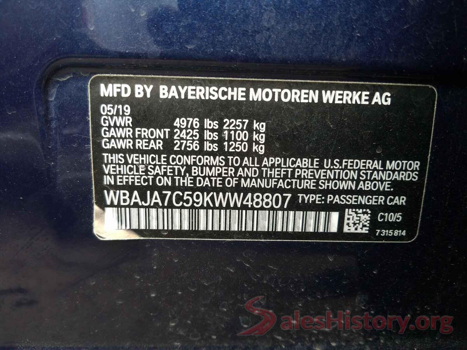 WBAJA7C59KWW48807 2019 BMW 5 SERIES