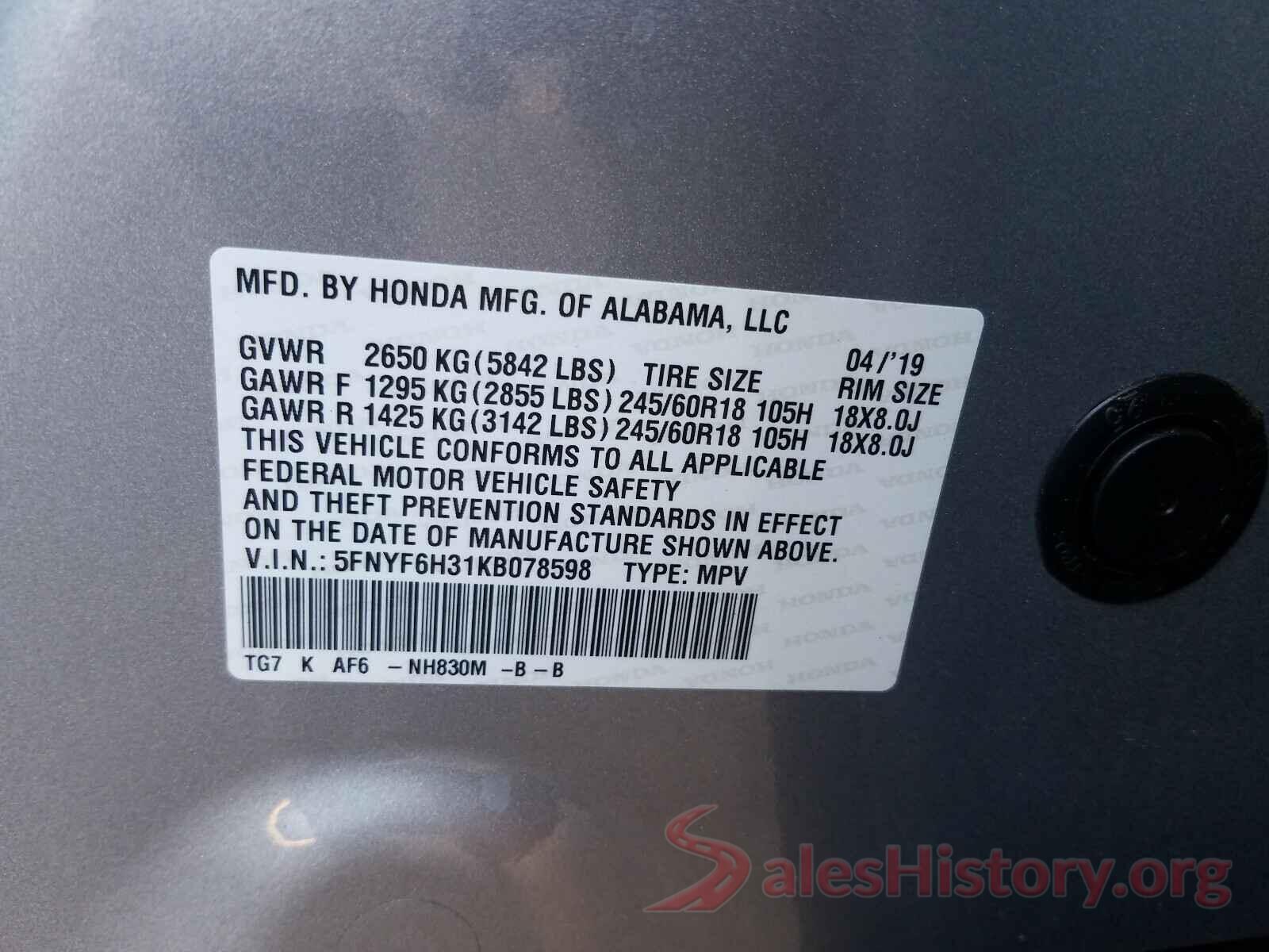 5FNYF6H31KB078598 2019 HONDA PILOT