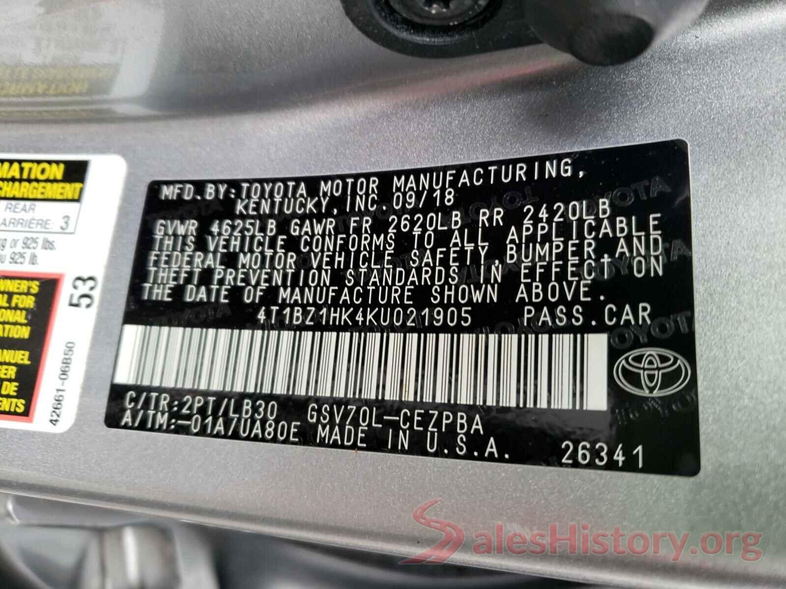 4T1BZ1HK4KU021905 2019 TOYOTA CAMRY