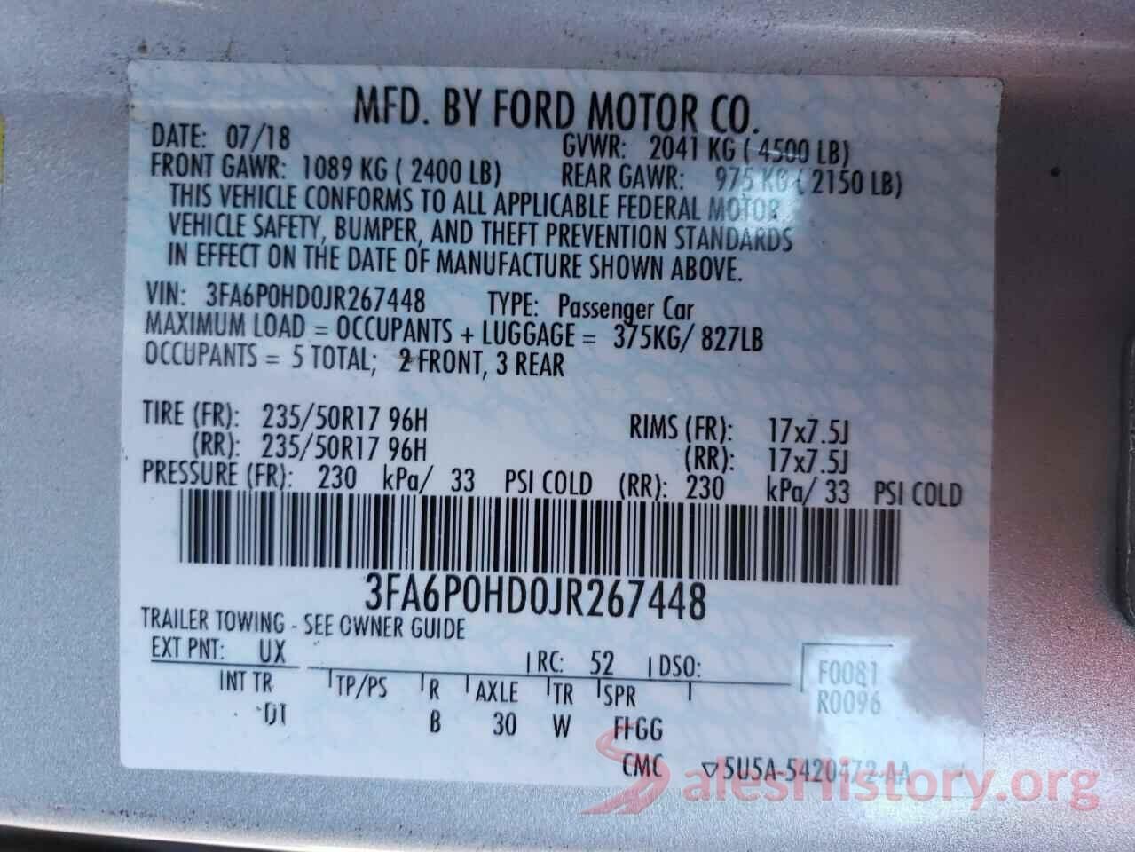 3FA6P0HD0JR267448 2018 FORD FUSION