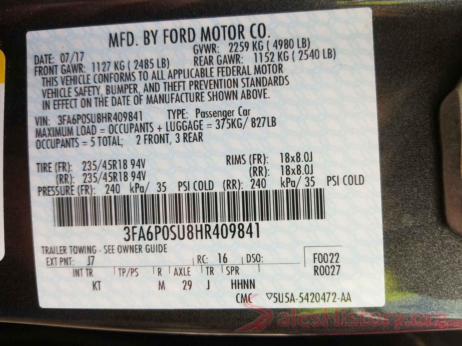 3FA6P0SU8HR409841 2017 FORD FUSION