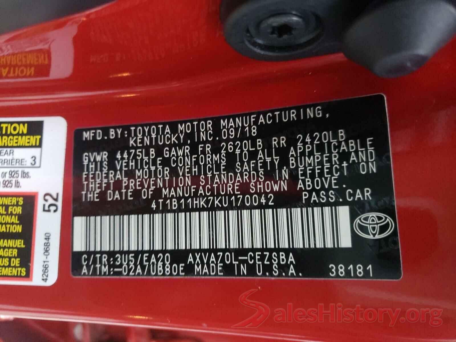 4T1B11HK7KU170042 2019 TOYOTA CAMRY