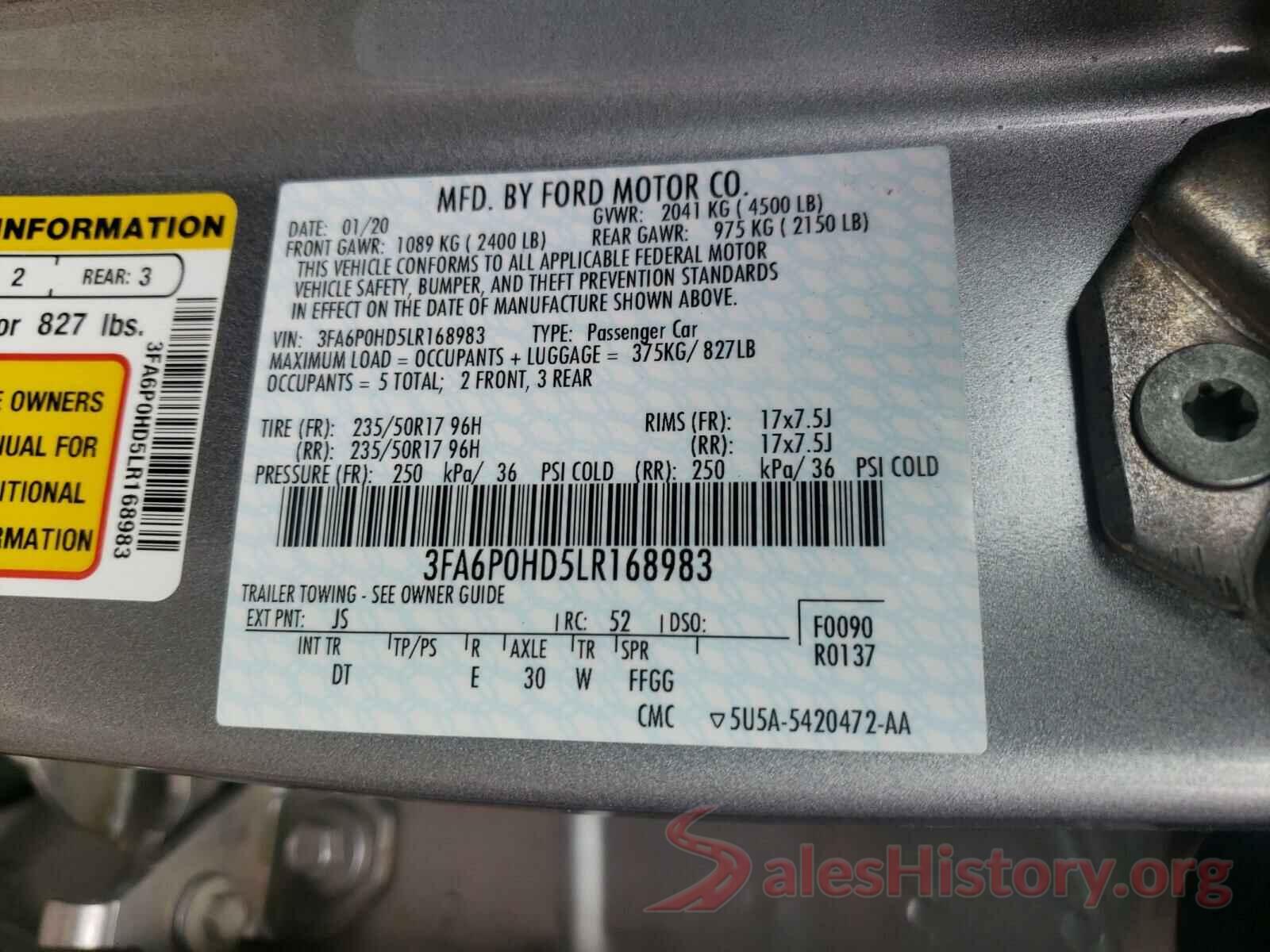 3FA6P0HD5LR168983 2020 FORD FUSION