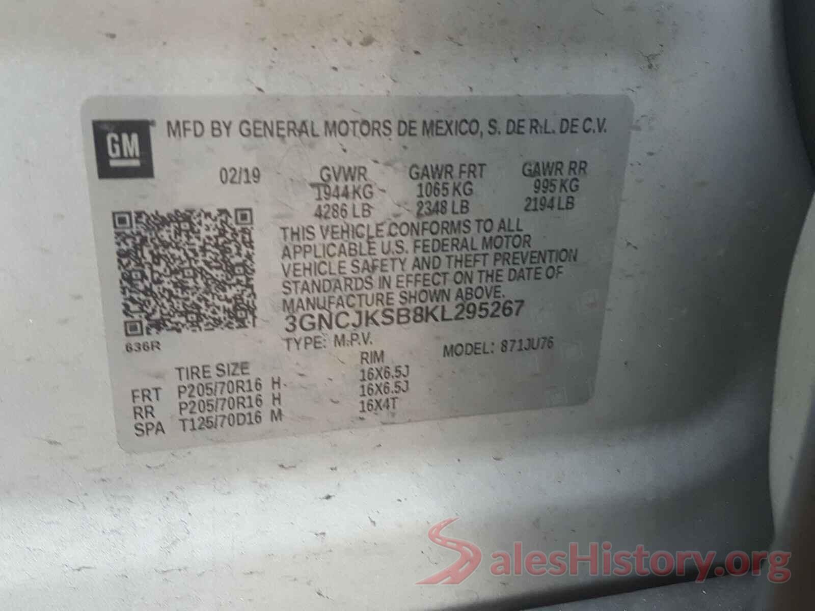 3GNCJKSB8KL295267 2019 CHEVROLET TRAX