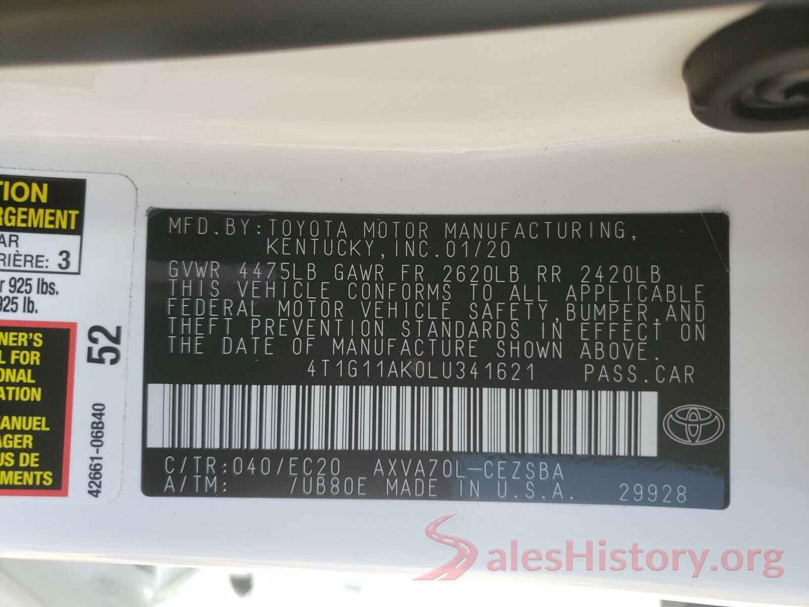 4T1G11AK0LU341621 2020 TOYOTA CAMRY