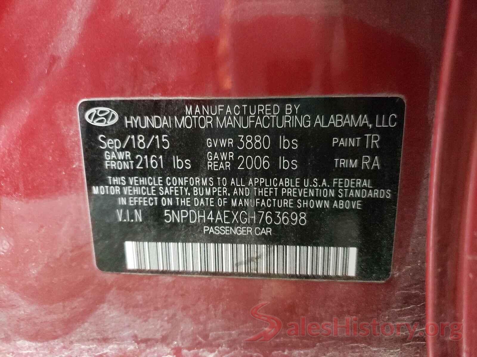 5NPDH4AEXGH763698 2016 HYUNDAI ELANTRA