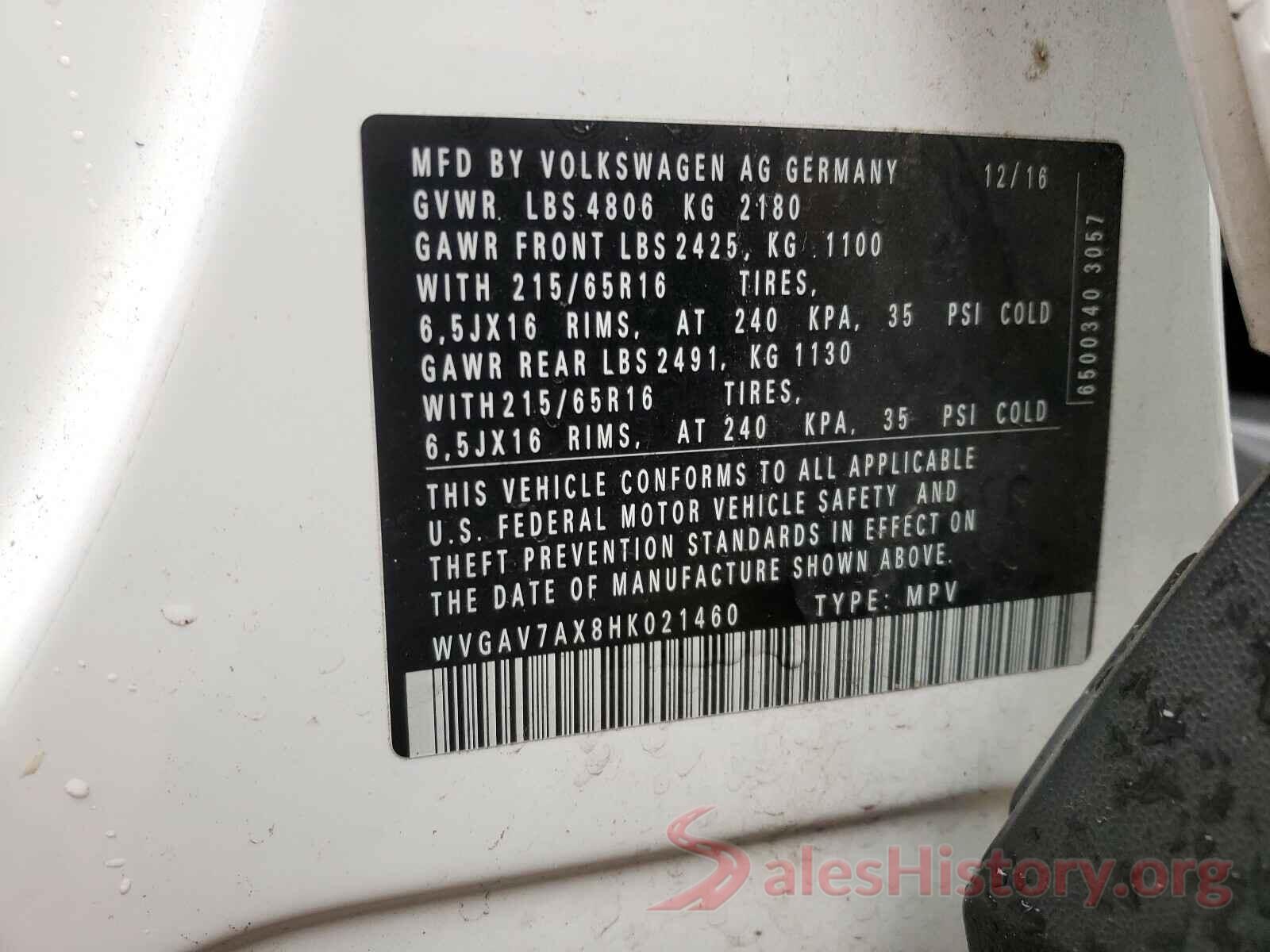 WVGAV7AX8HK021460 2017 VOLKSWAGEN TIGUAN