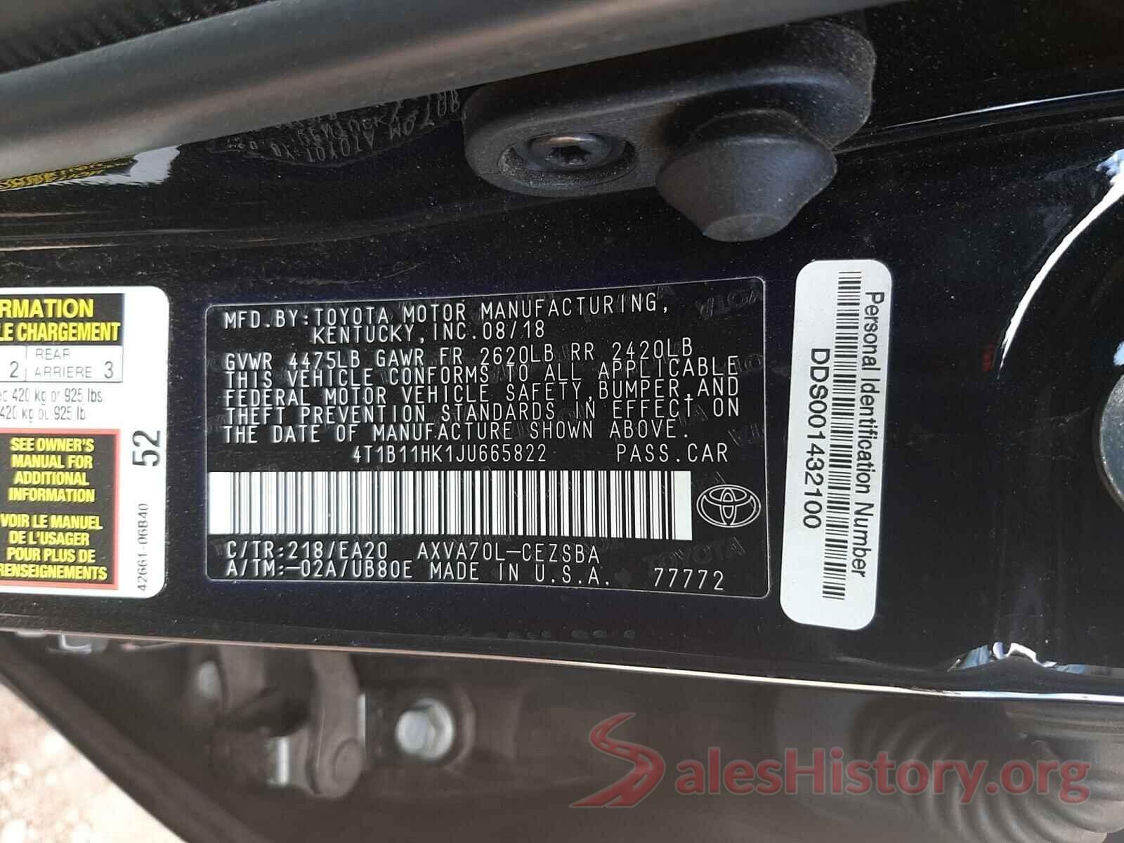 4T1B11HK1JU665822 2018 TOYOTA CAMRY