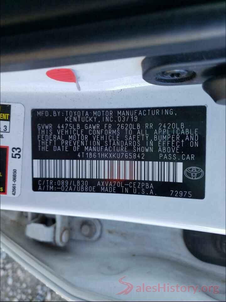 4T1B61HKXKU765842 2019 TOYOTA CAMRY