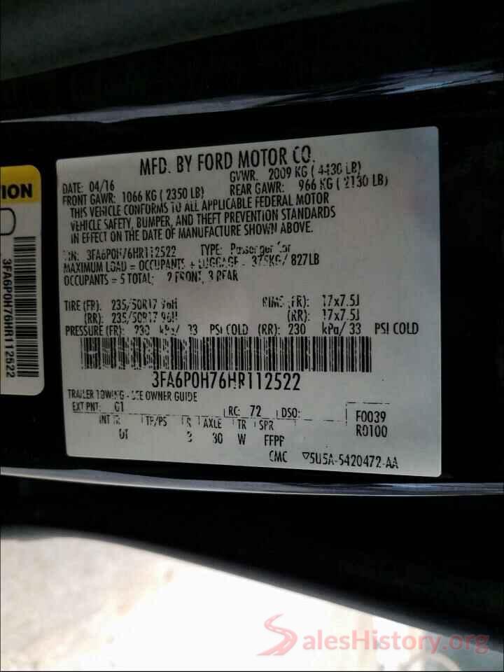 3FA6P0H76HR112522 2017 FORD FUSION