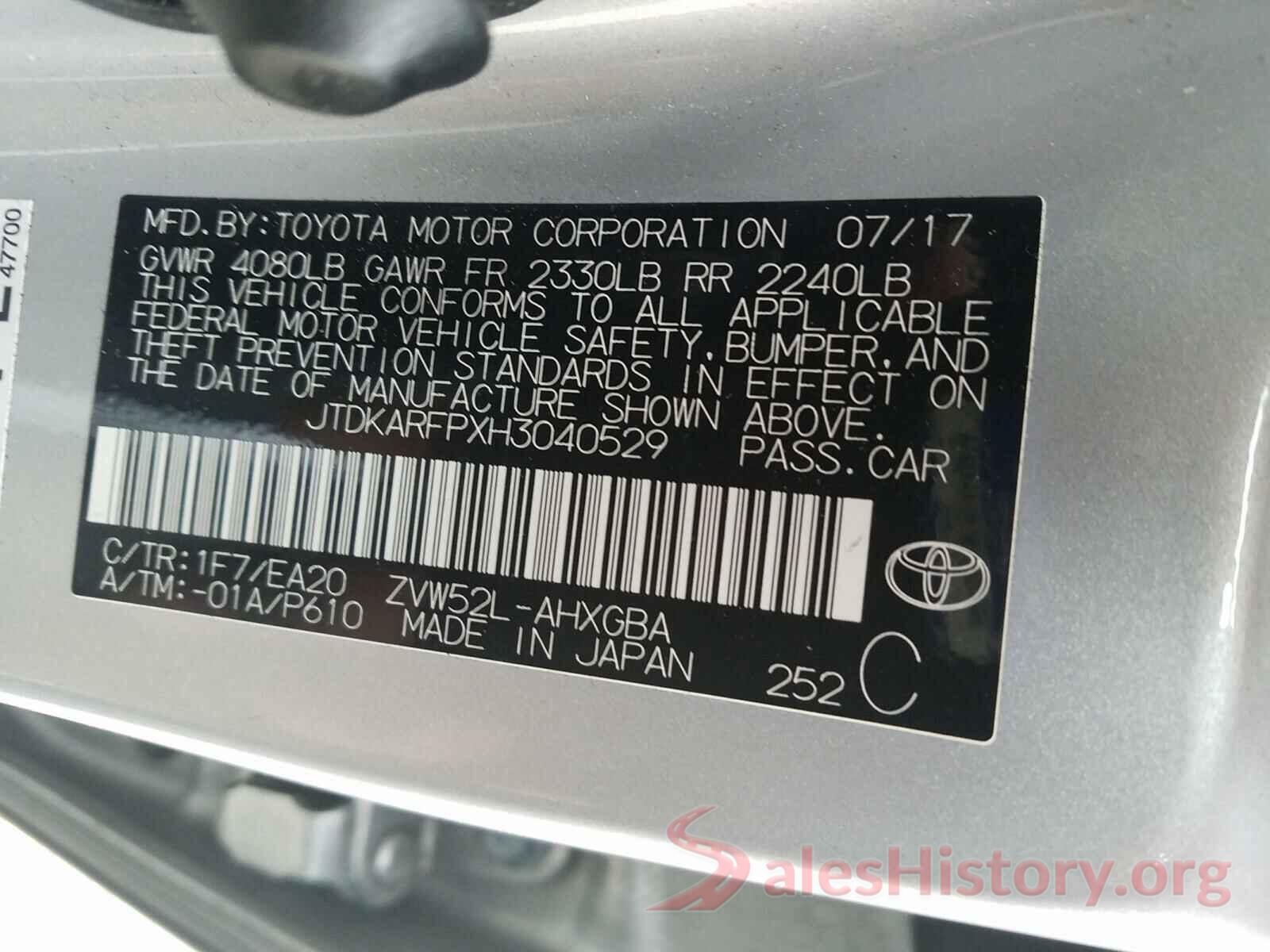 JTDKARFPXH3040529 2017 TOYOTA PRIUS