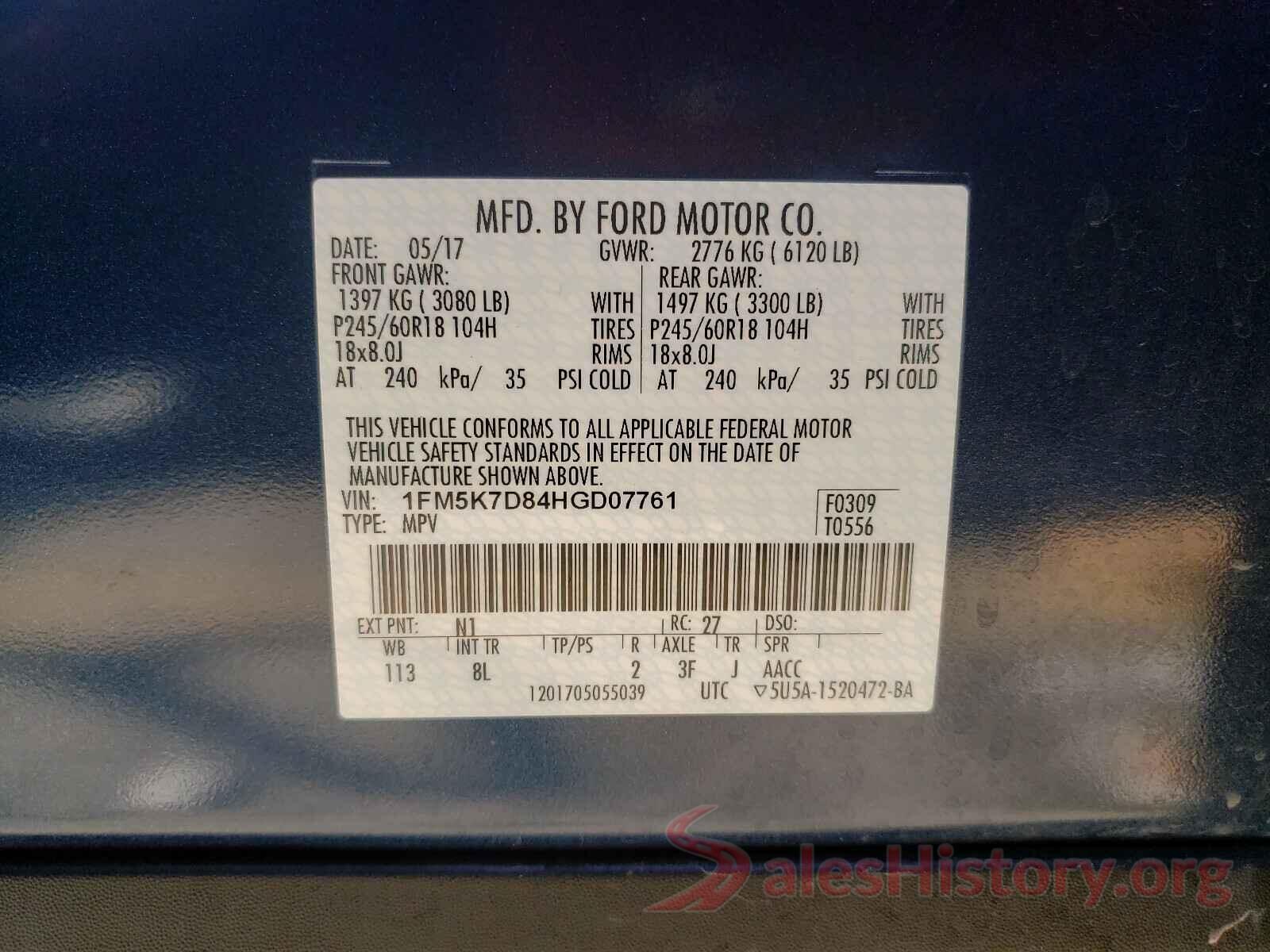 1FM5K7D84HGD07761 2017 FORD EXPLORER