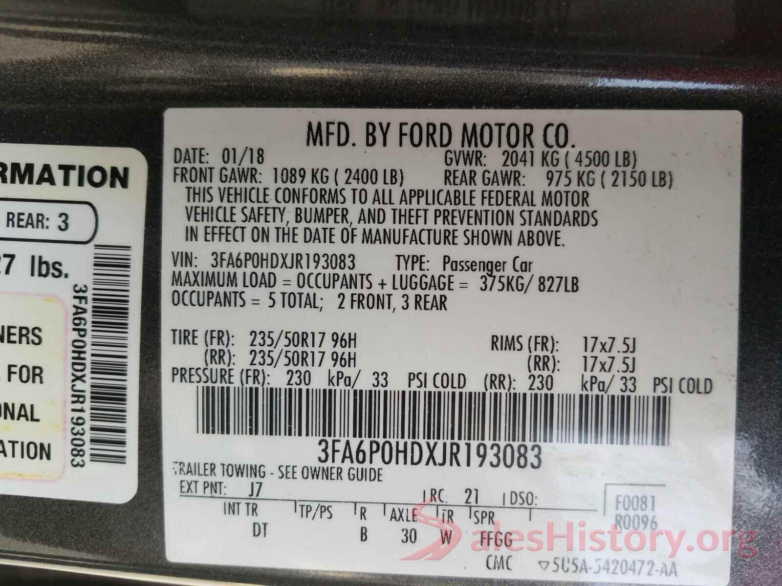 3FA6P0HDXJR193083 2018 FORD FUSION