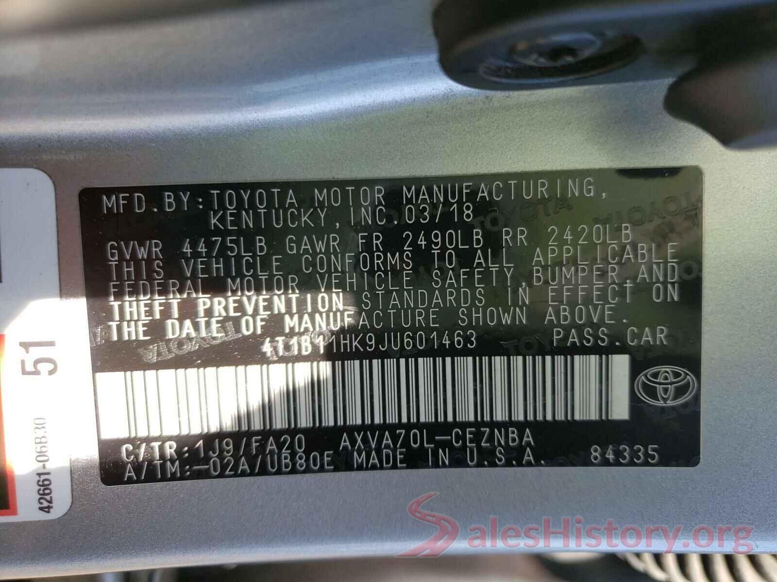 4T1B11HK9JU601463 2018 TOYOTA CAMRY