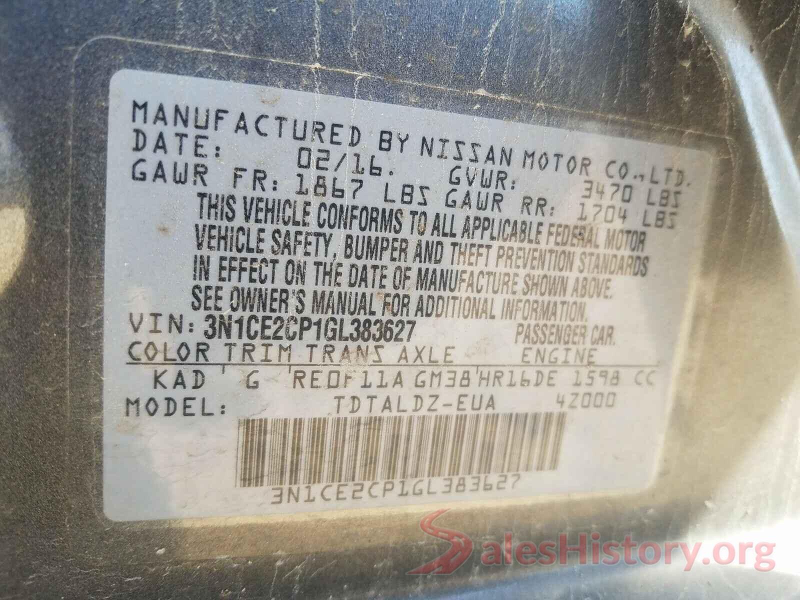 3N1CE2CP1GL383627 2016 NISSAN VERSA