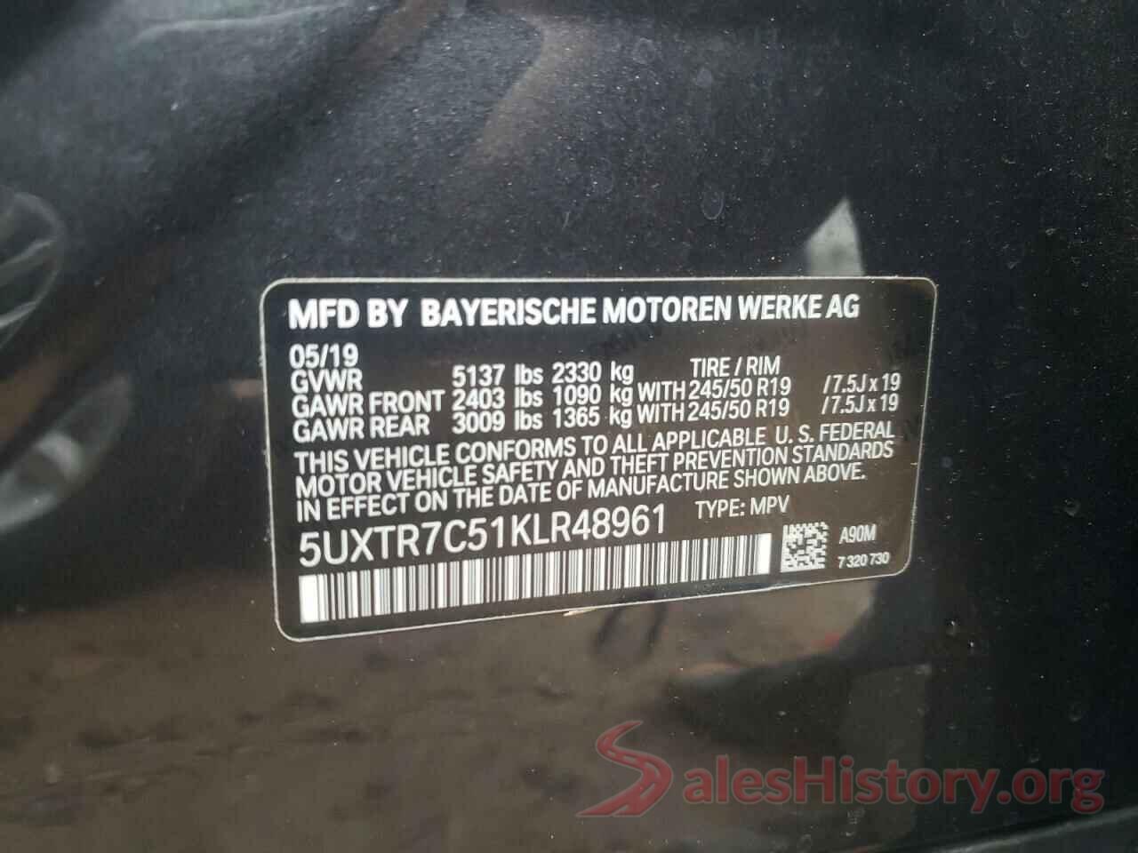 5UXTR7C51KLR48961 2019 BMW X3