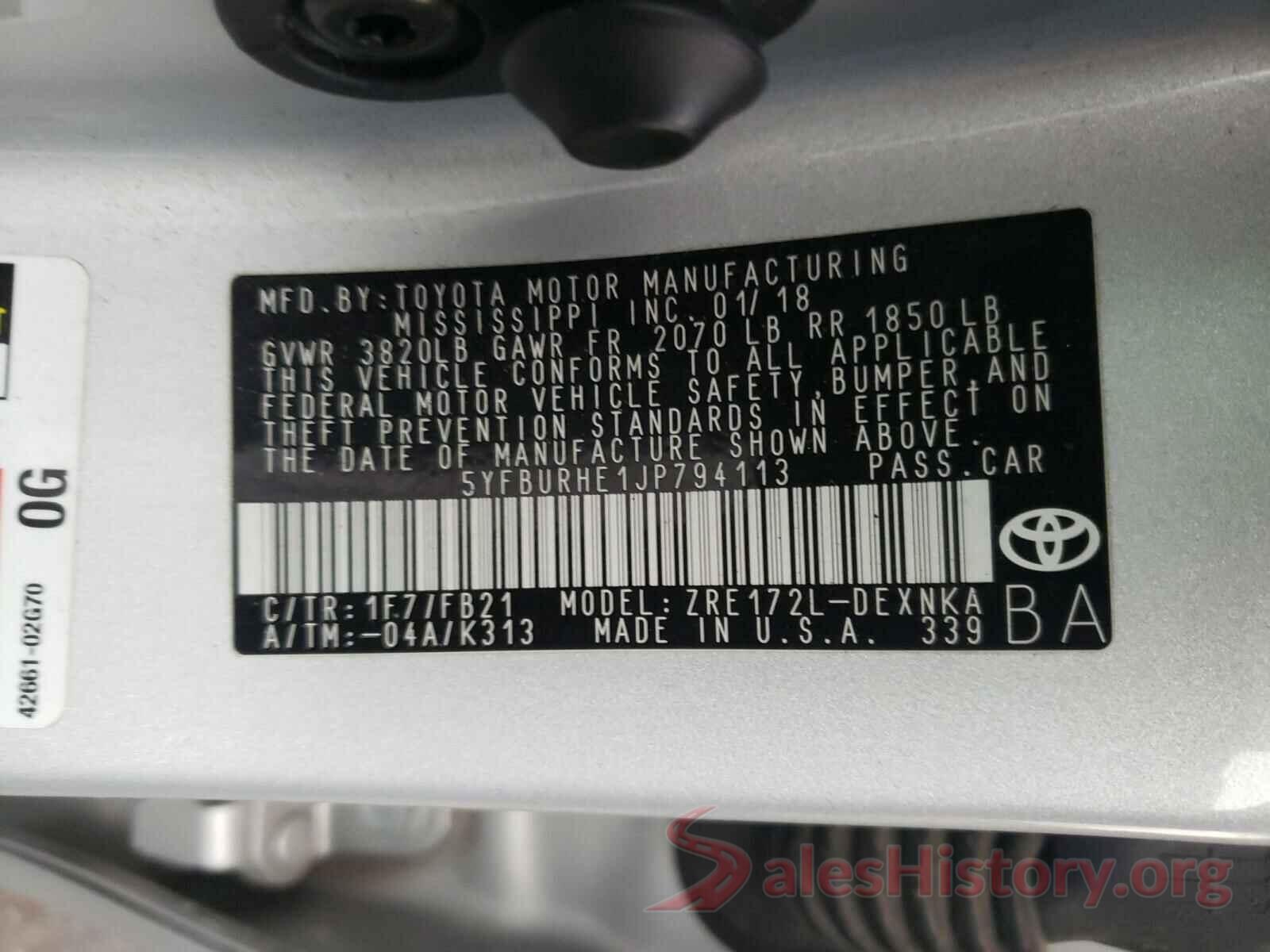 5YFBURHE1JP794113 2018 TOYOTA COROLLA