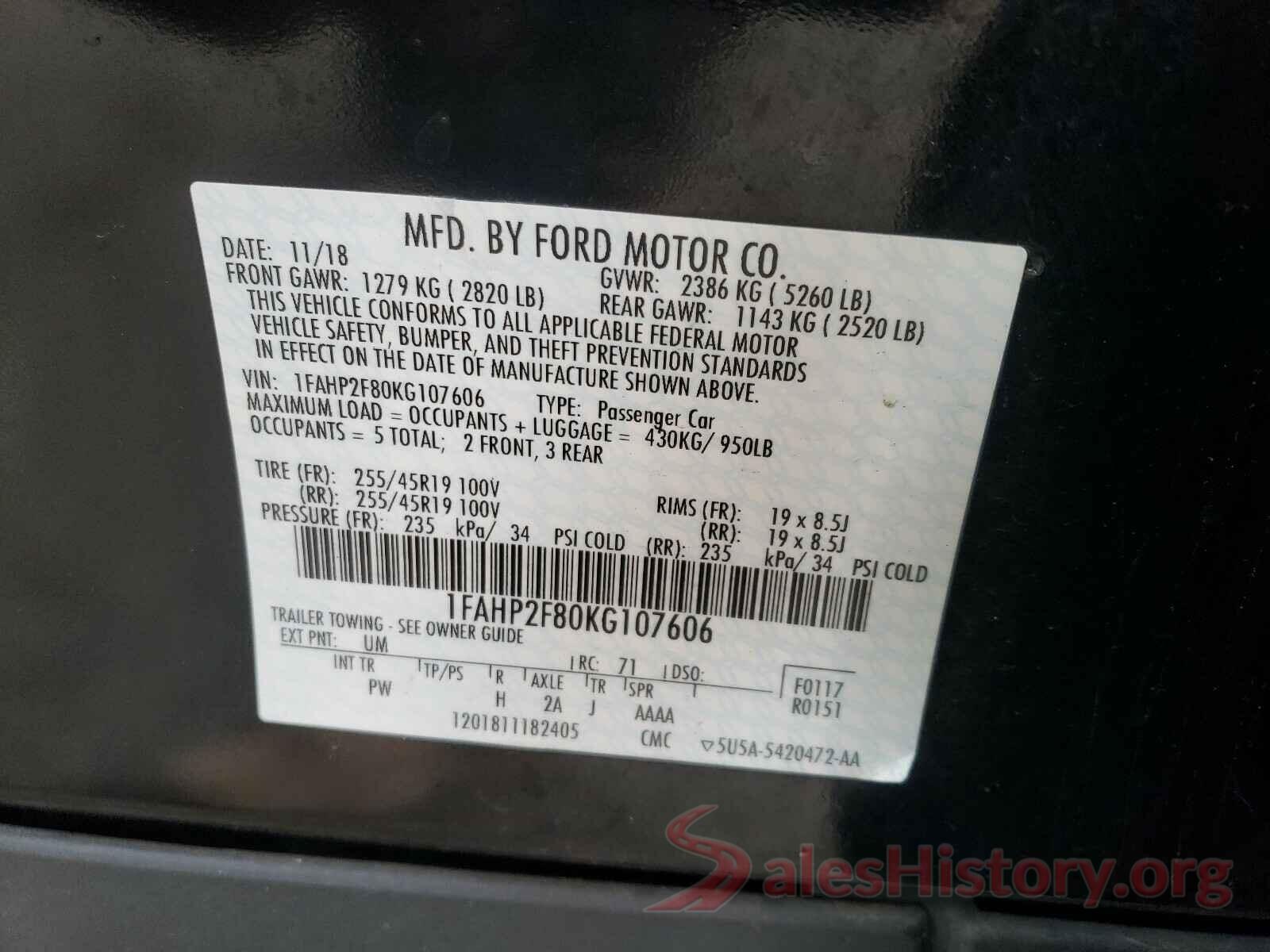 1FAHP2F80KG107606 2019 FORD TAURUS