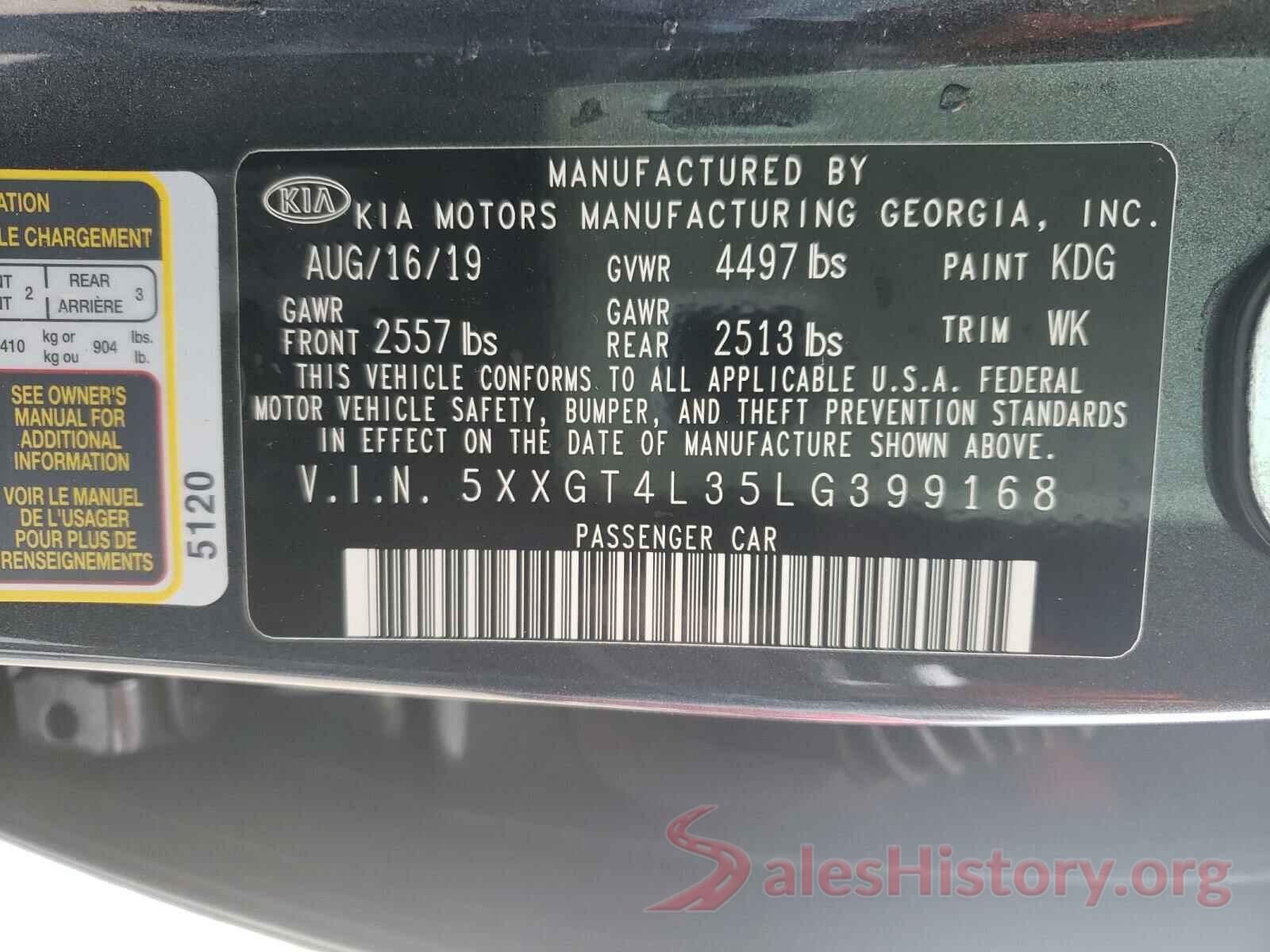 5XXGT4L35LG399168 2020 KIA OPTIMA