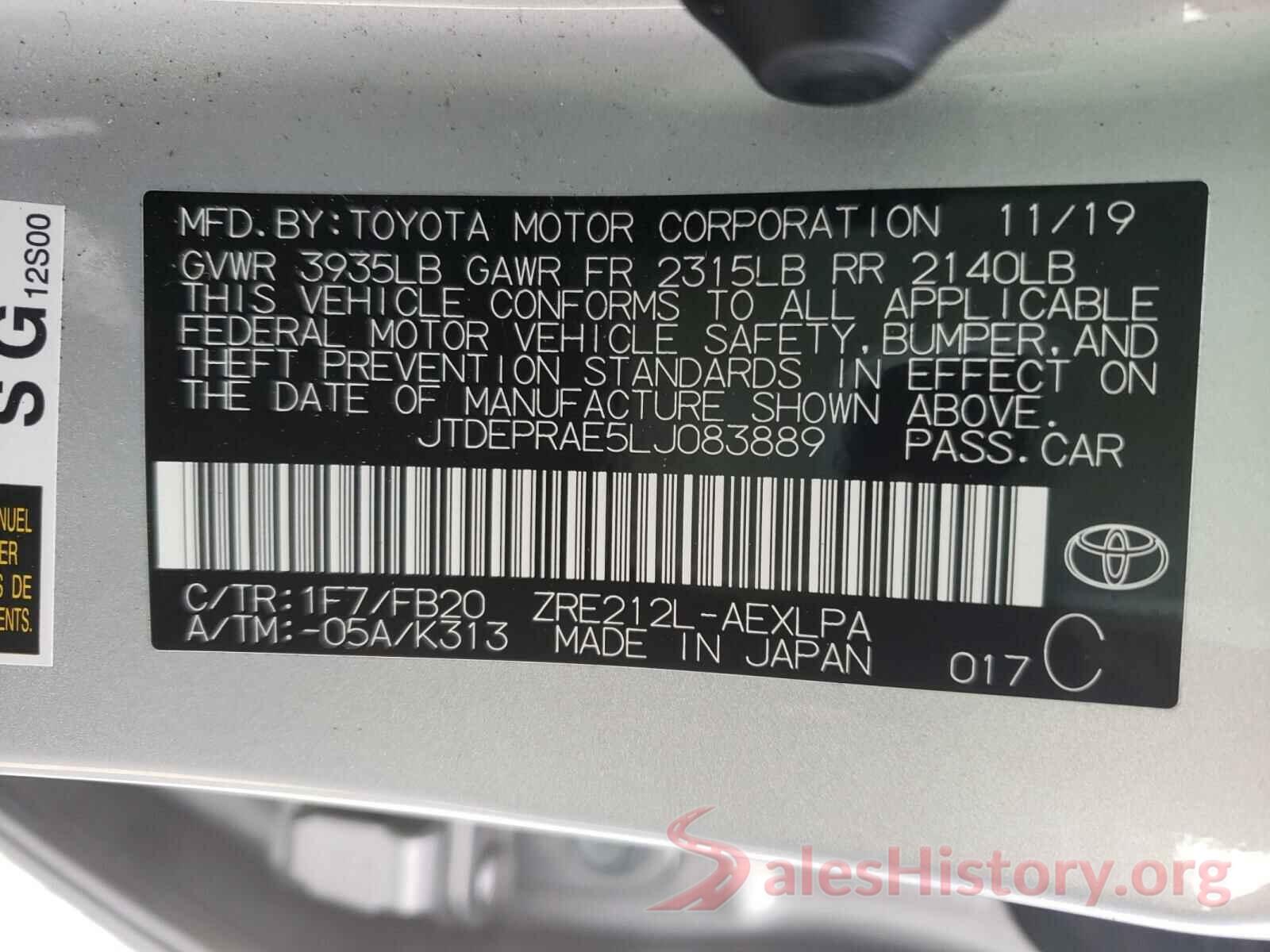 JTDEPRAE5LJ083889 2020 TOYOTA COROLLA