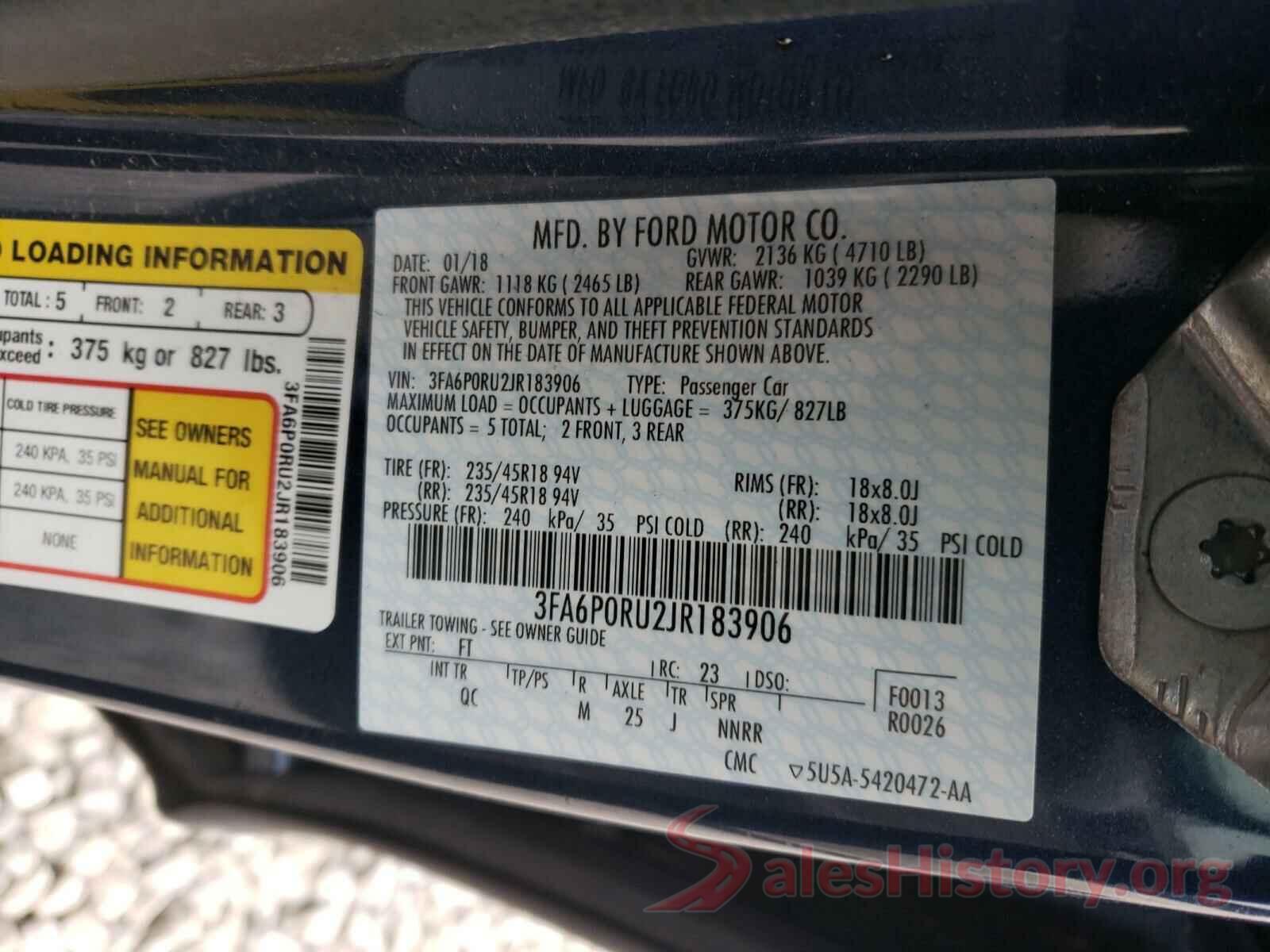 3FA6P0RU2JR183906 2018 FORD FUSION