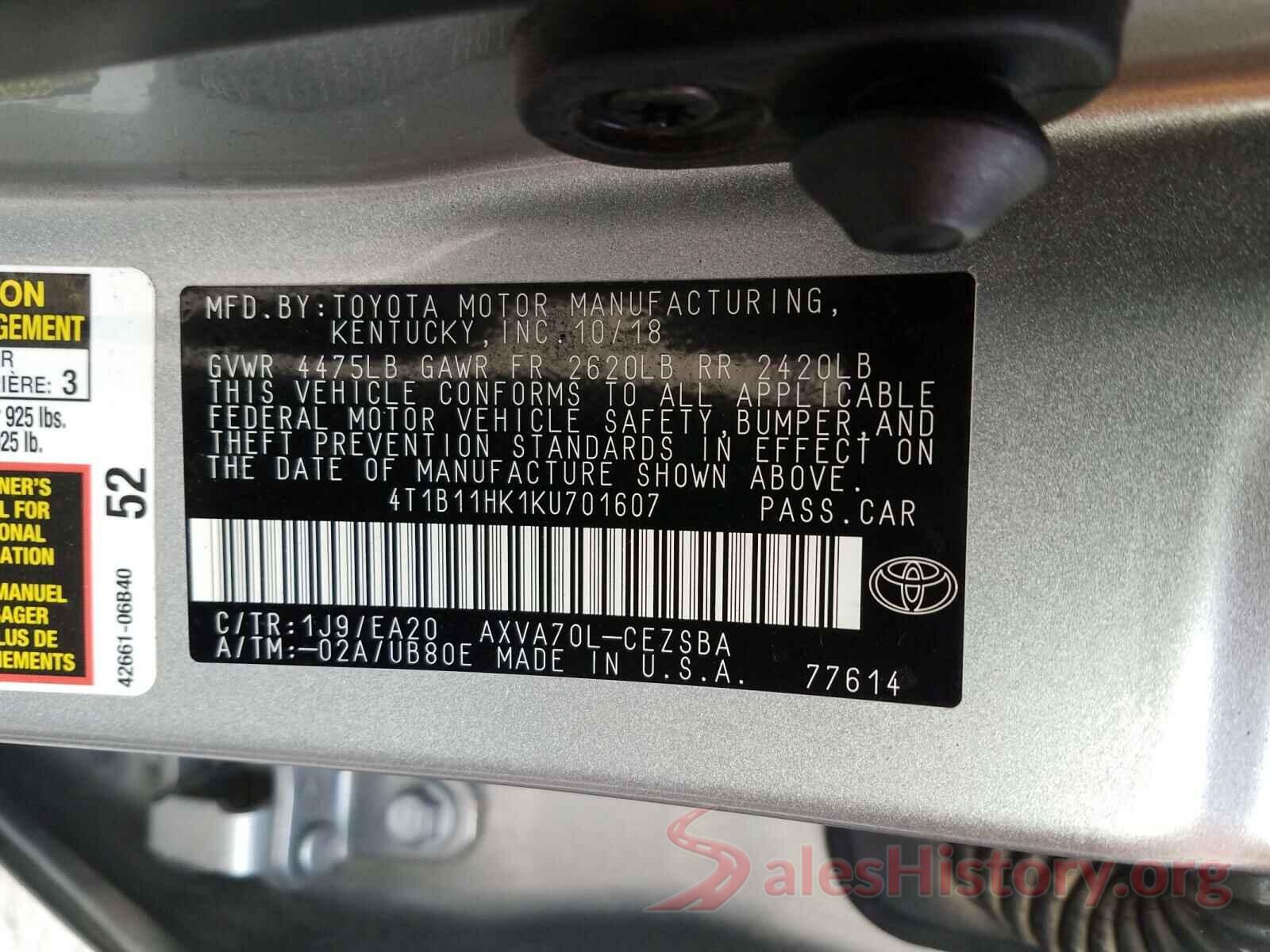 4T1B11HK1KU701607 2019 TOYOTA CAMRY