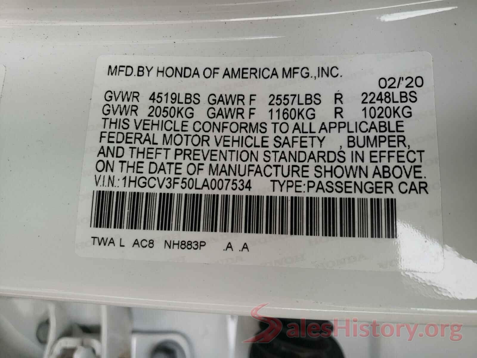 1HGCV3F50LA007534 2020 HONDA ACCORD