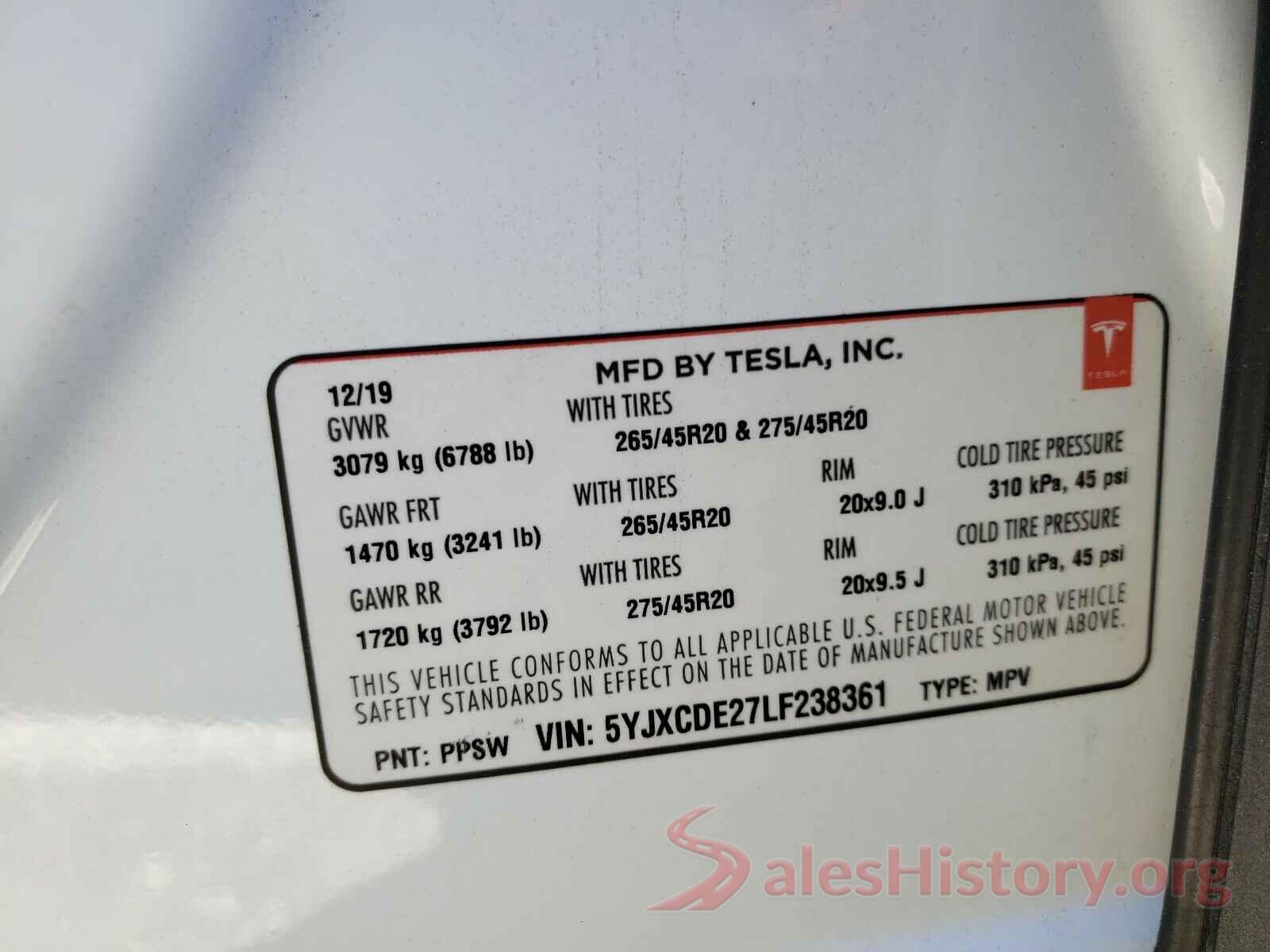 5YJXCDE27LF238361 2020 TESLA MODEL X