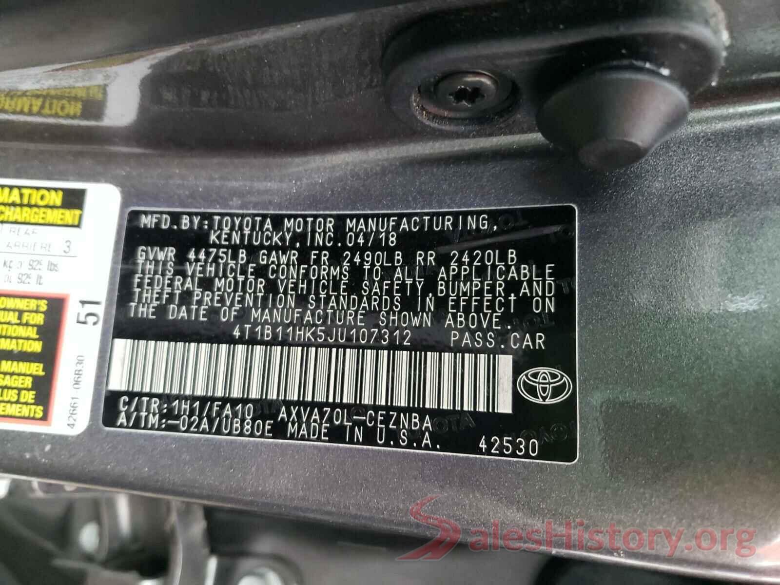 4T1B11HK5JU107312 2018 TOYOTA CAMRY