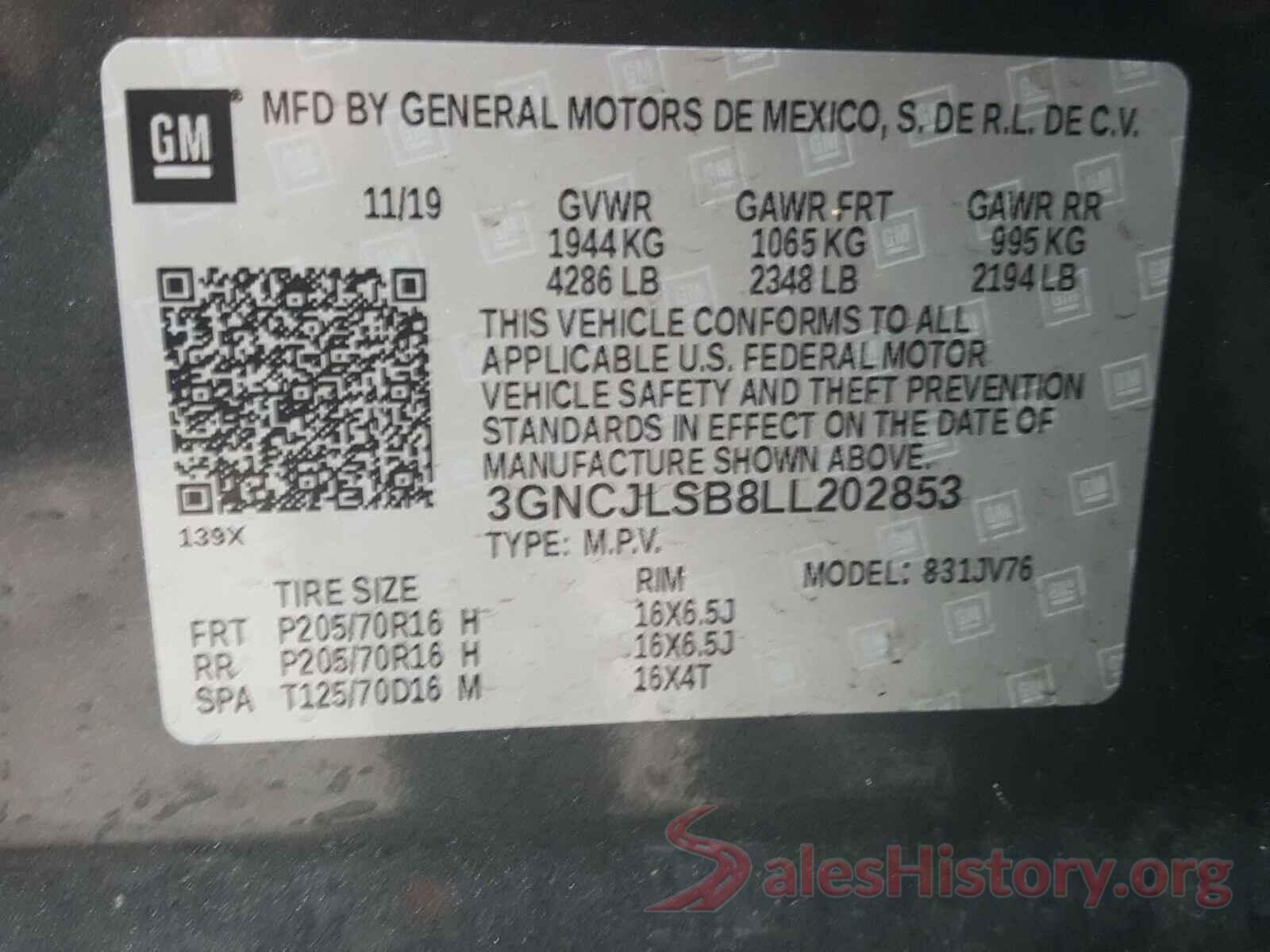 3GNCJLSB8LL202853 2020 CHEVROLET TRAX