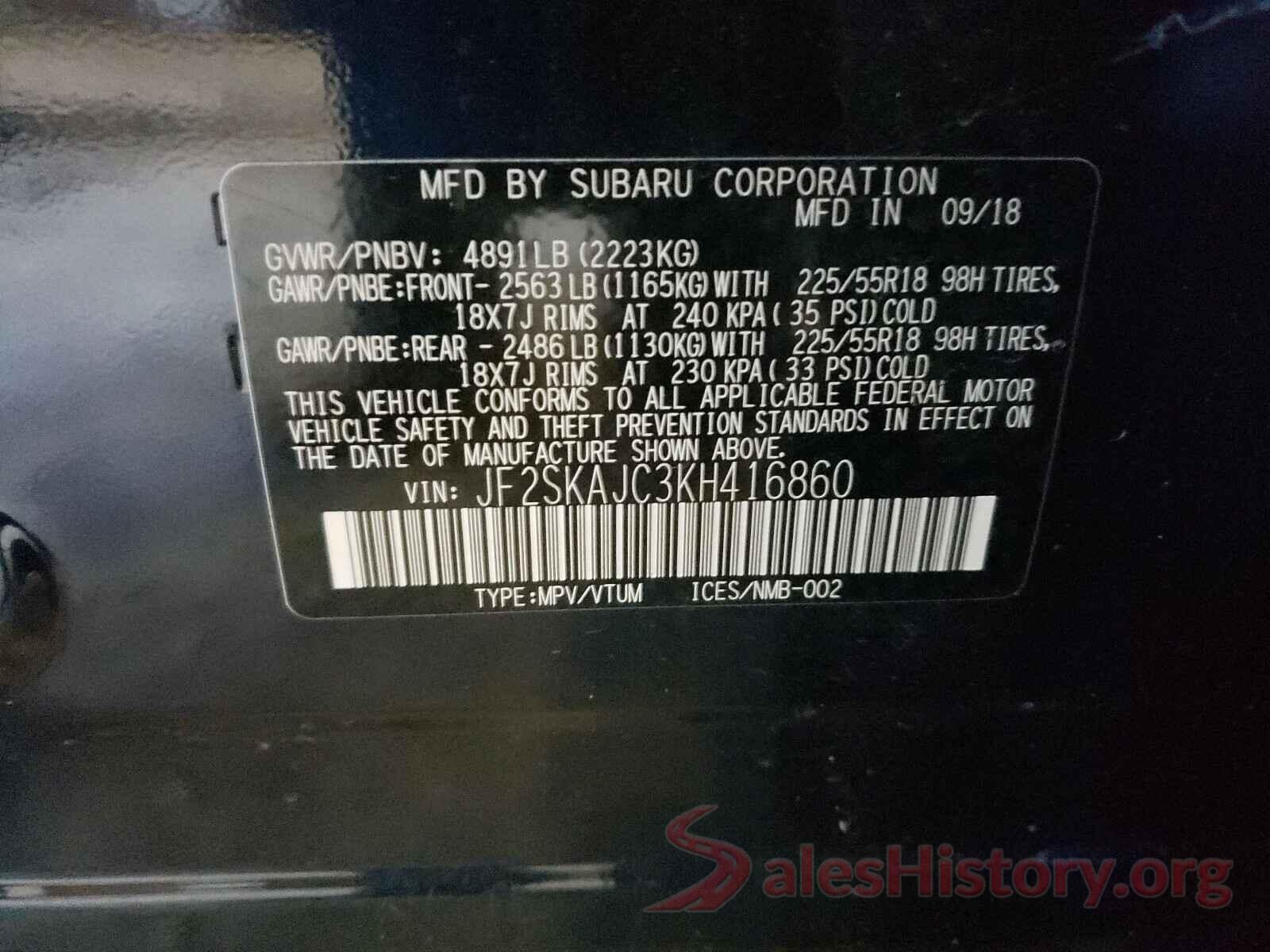 JF2SKAJC3KH416860 2019 SUBARU FORESTER