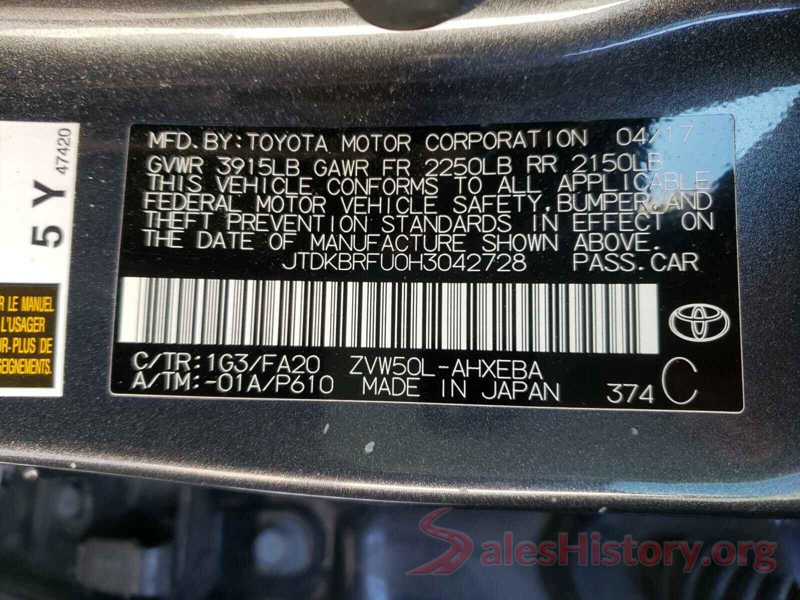 JTDKBRFU0H3042728 2017 TOYOTA PRIUS