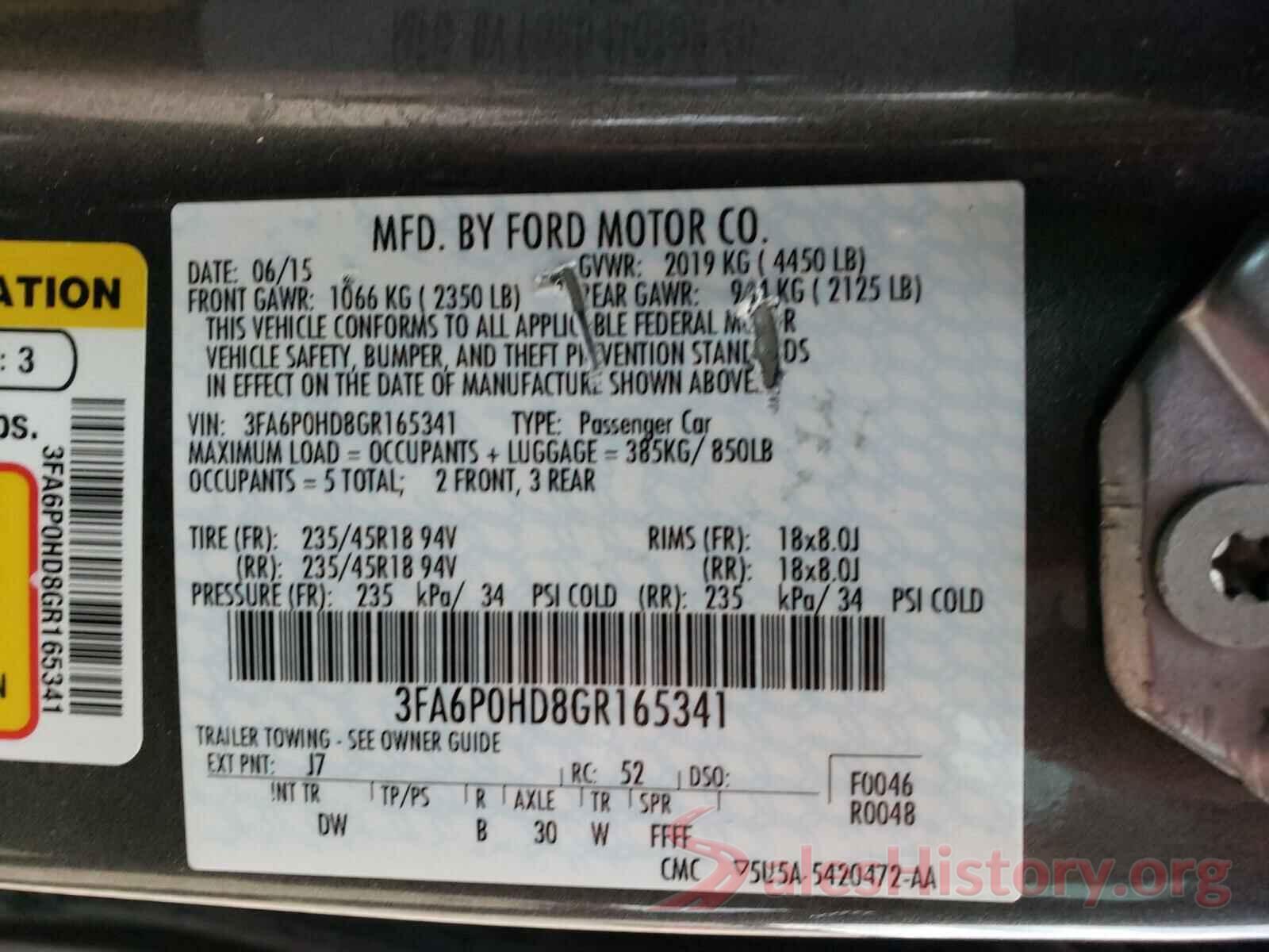 3FA6P0HD8GR165341 2016 FORD FUSION