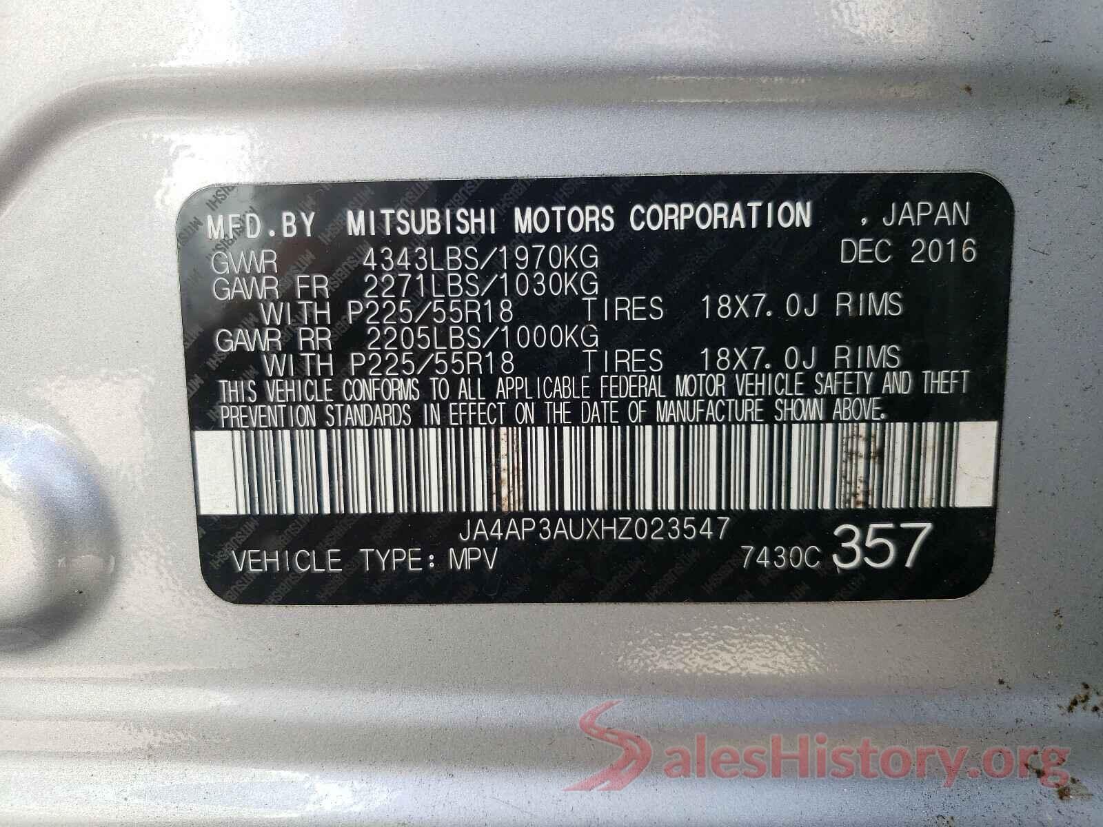 JA4AP3AUXHZ023547 2017 MITSUBISHI OUTLANDER