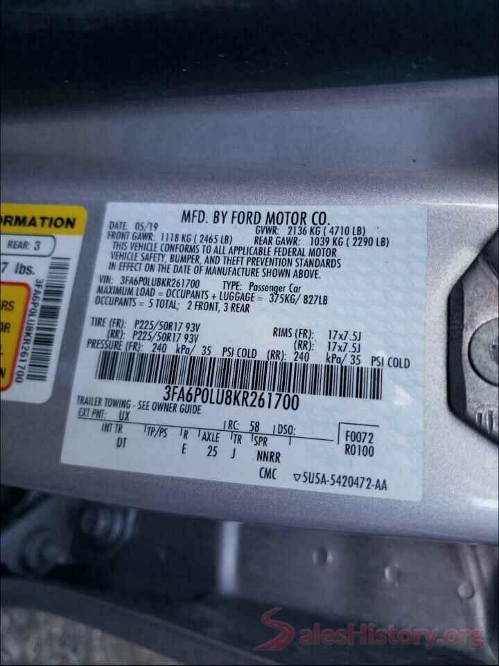 3FA6P0LU8KR261700 2019 FORD FUSION