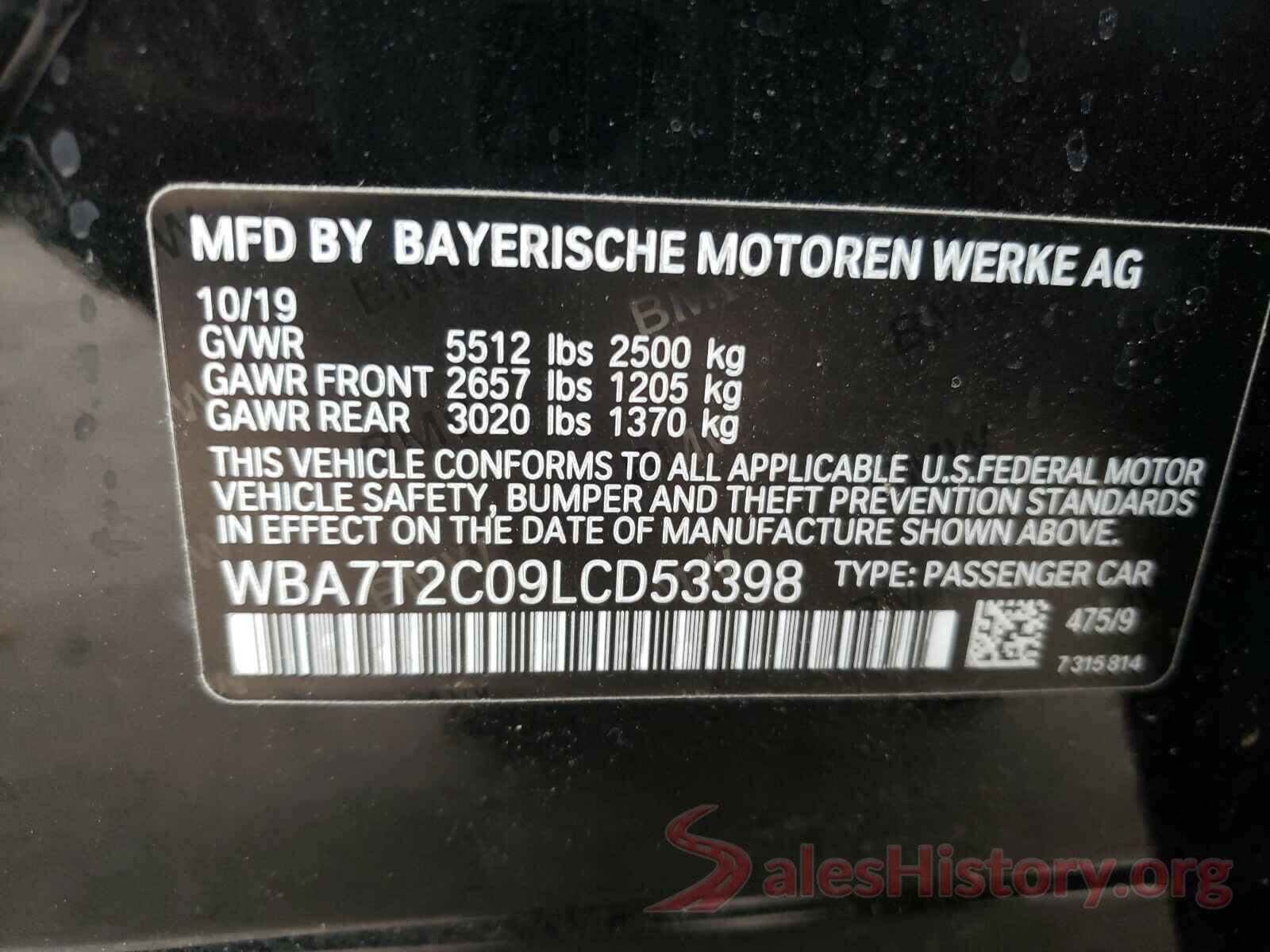 WBA7T2C09LCD53398 2020 BMW 7 SERIES