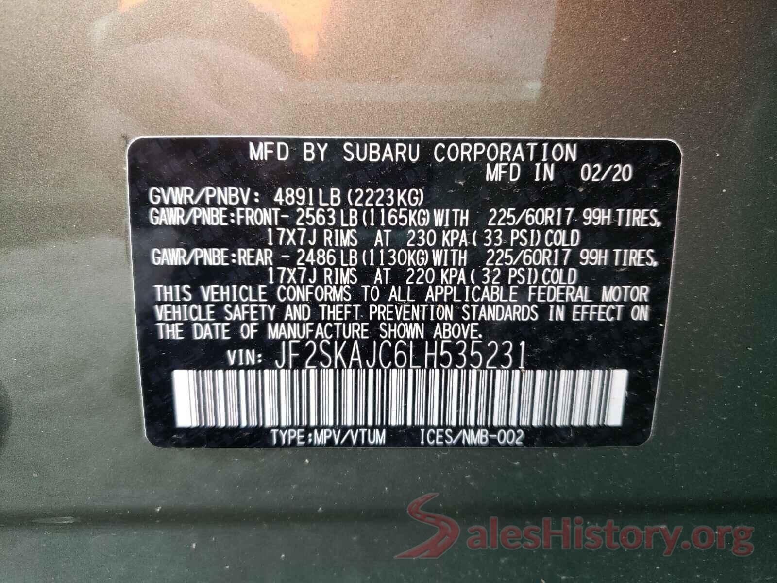 JF2SKAJC6LH535231 2020 SUBARU FORESTER