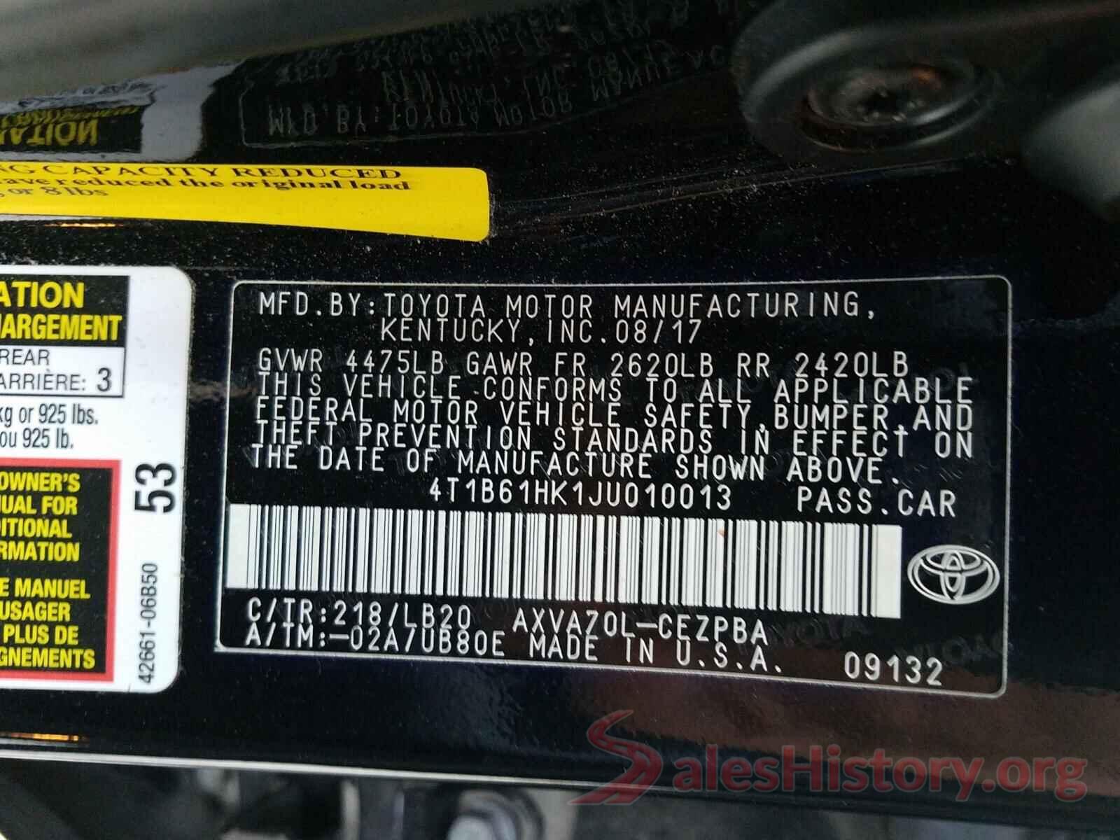 4T1B61HK1JU010013 2018 TOYOTA CAMRY