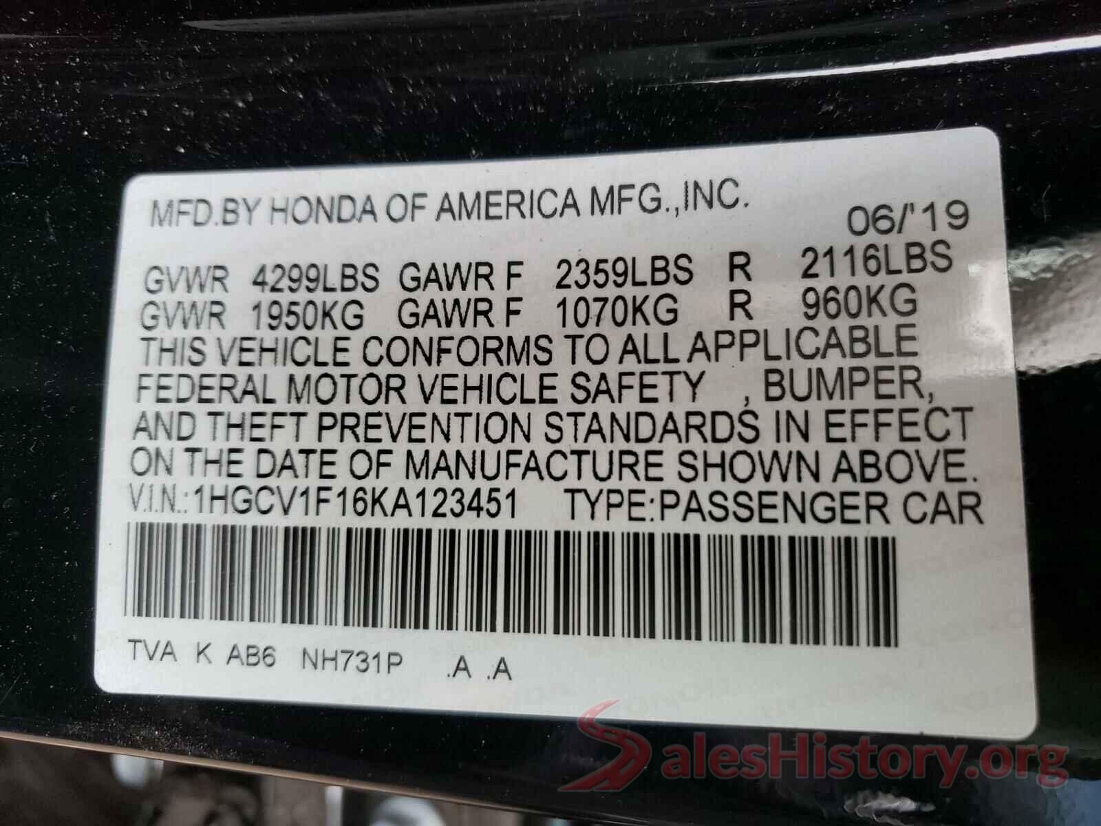 1HGCV1F16KA123451 2019 HONDA ACCORD