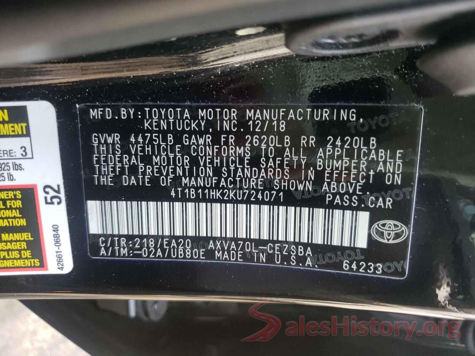 4T1B11HK2KU724071 2019 TOYOTA CAMRY