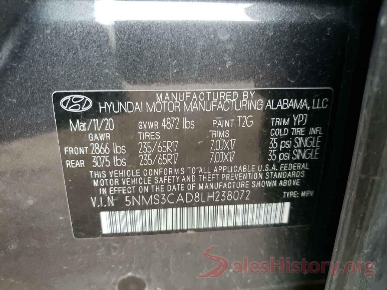 5NMS3CAD8LH238072 2020 HYUNDAI SANTA FE