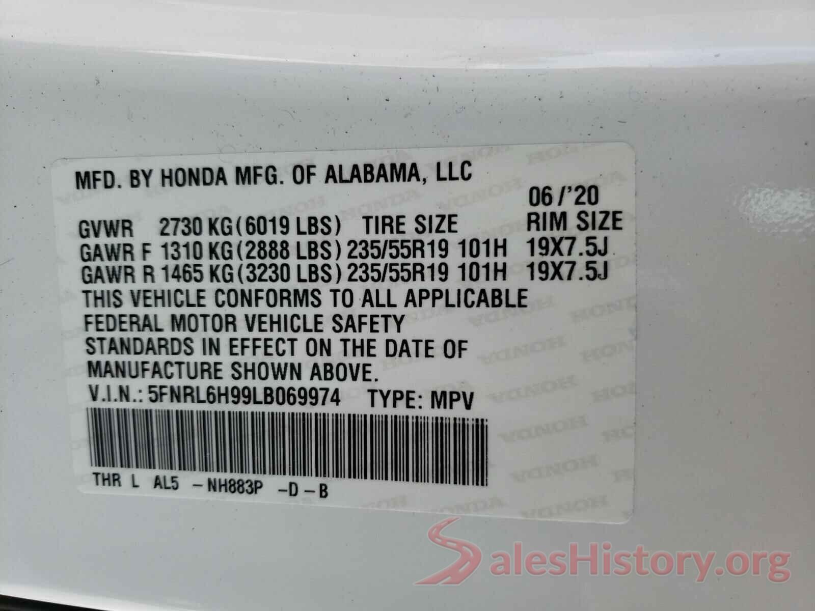 5FNRL6H99LB069974 2020 HONDA ODYSSEY