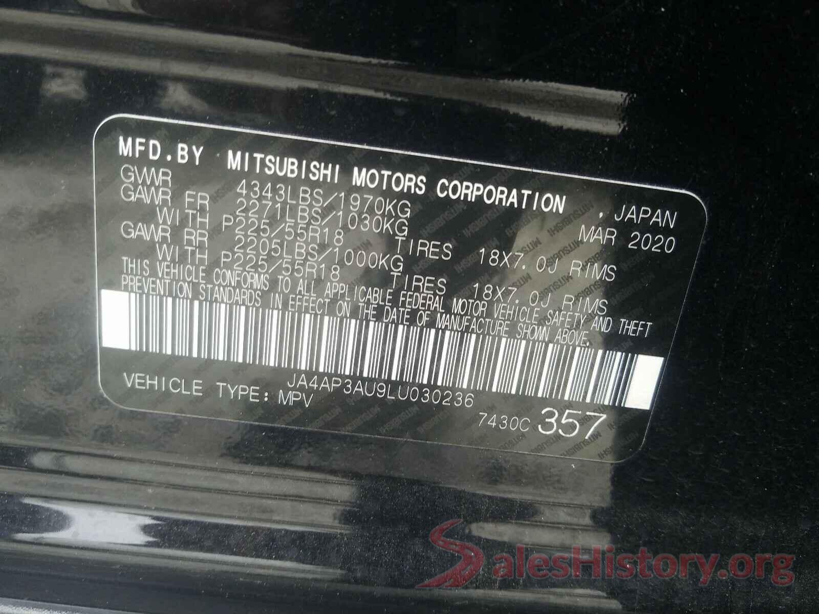 JA4AP3AU9LU030236 2020 MITSUBISHI OUTLANDER