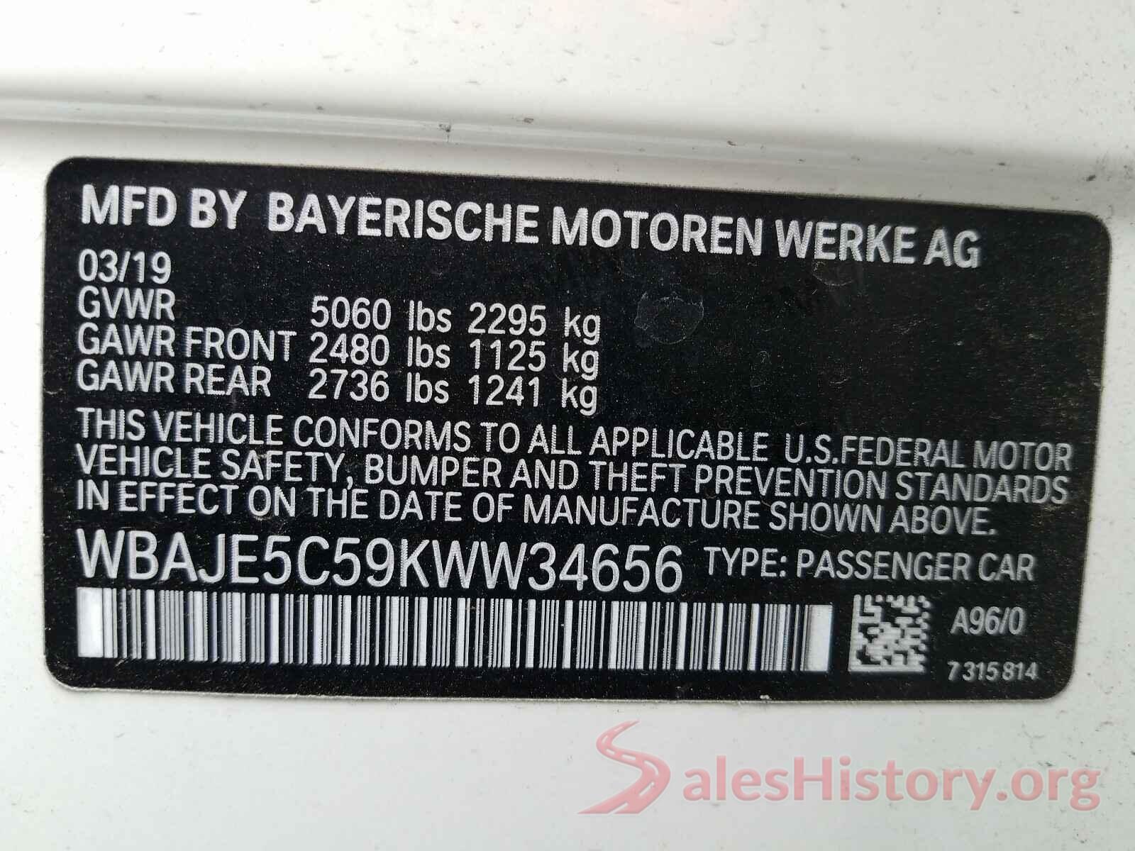 WBAJE5C59KWW34656 2019 BMW 5 SERIES