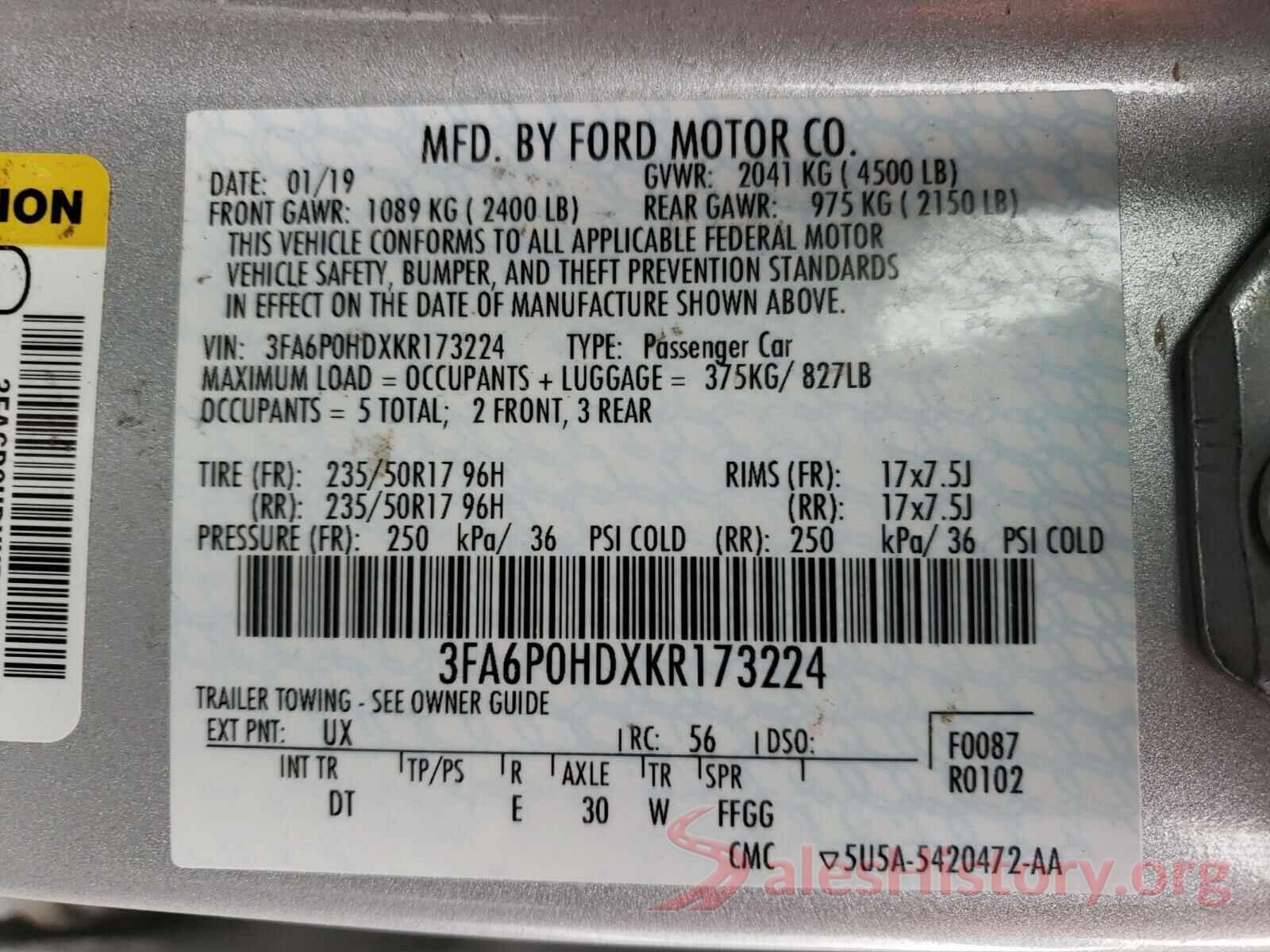 3FA6P0HDXKR173224 2019 FORD FUSION