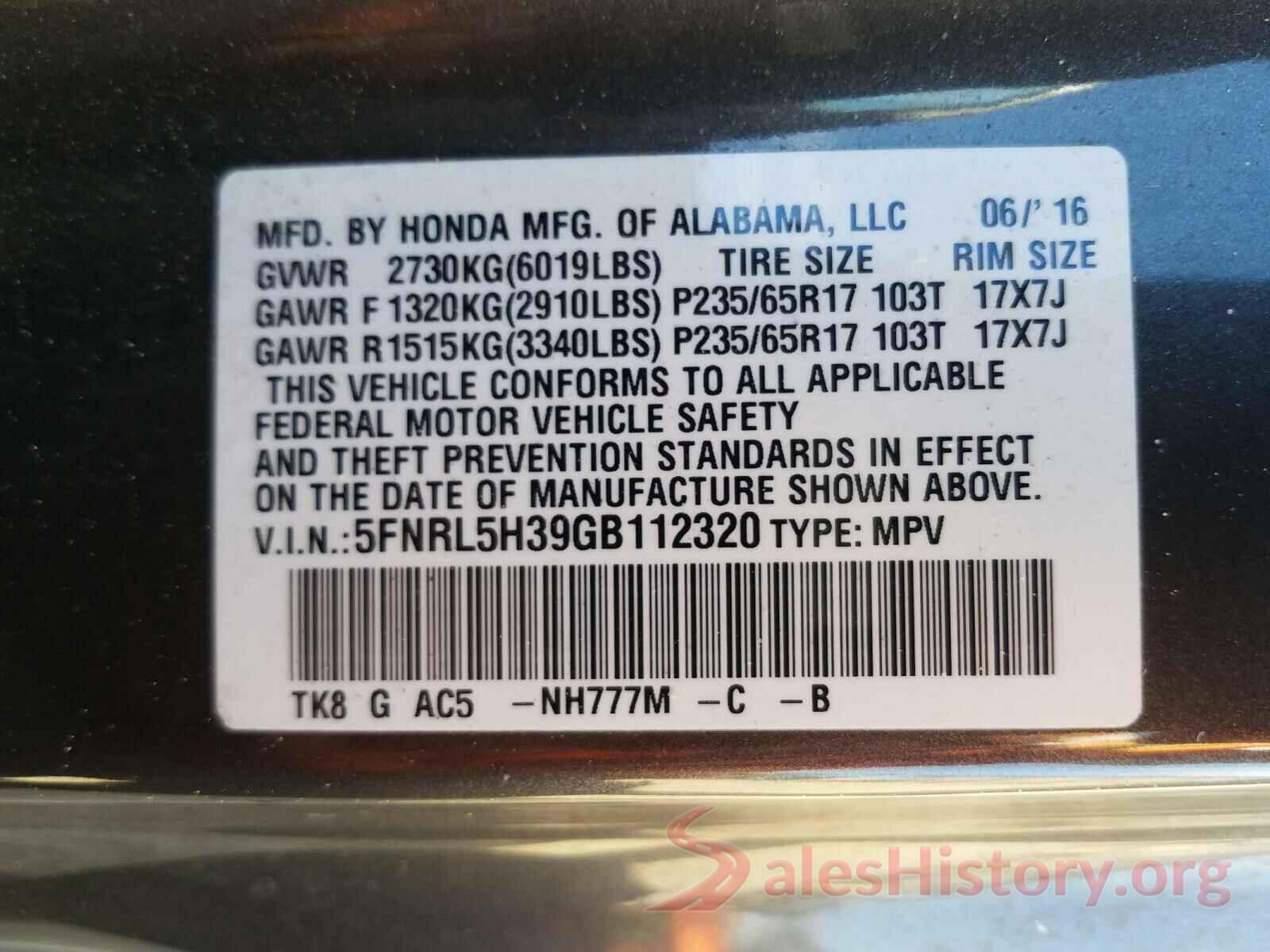 5FNRL5H39GB112320 2016 HONDA ODYSSEY