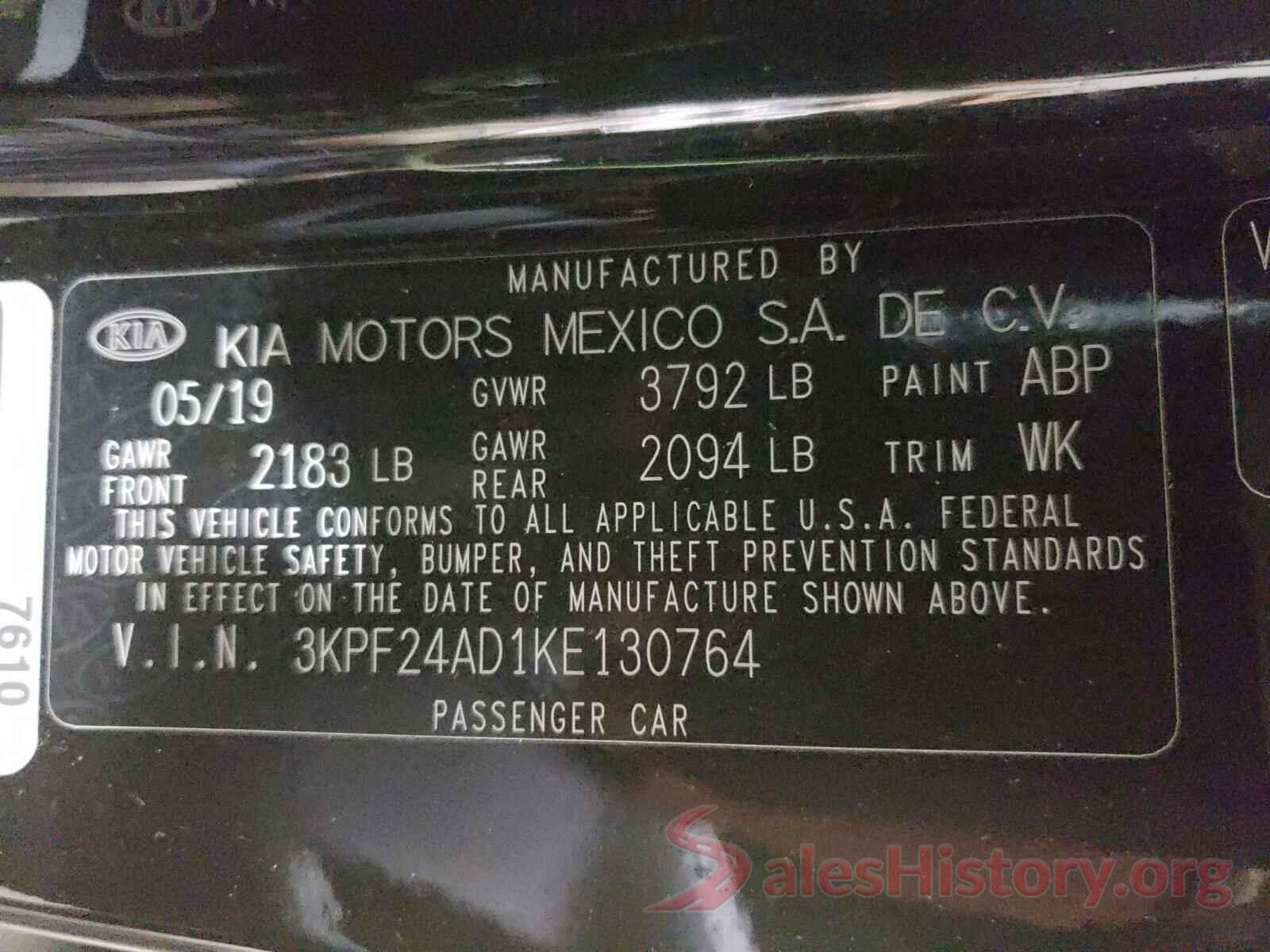 3KPF24AD1KE130764 2019 KIA FORTE