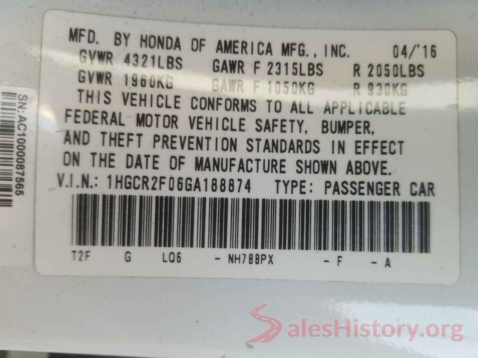 1HGCR2F06GA188874 2016 HONDA ACCORD