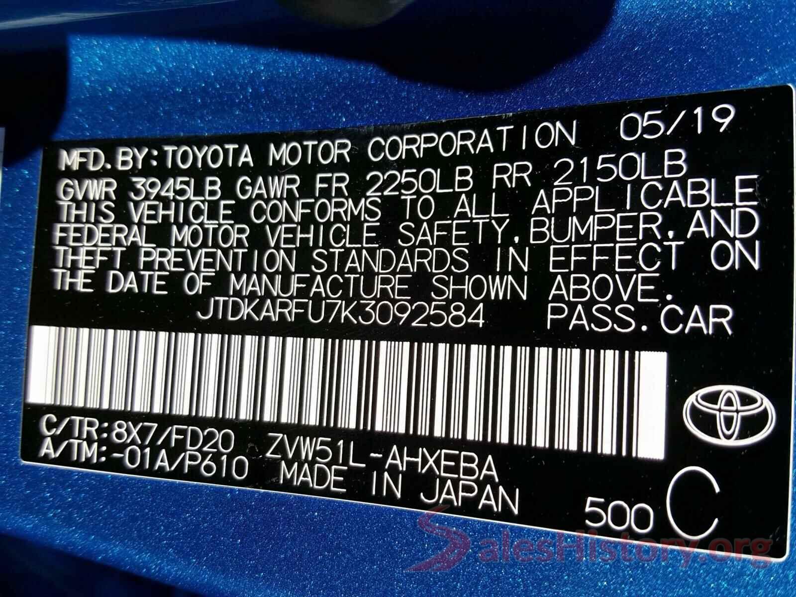 JTDKARFU7K3092584 2019 TOYOTA PRIUS