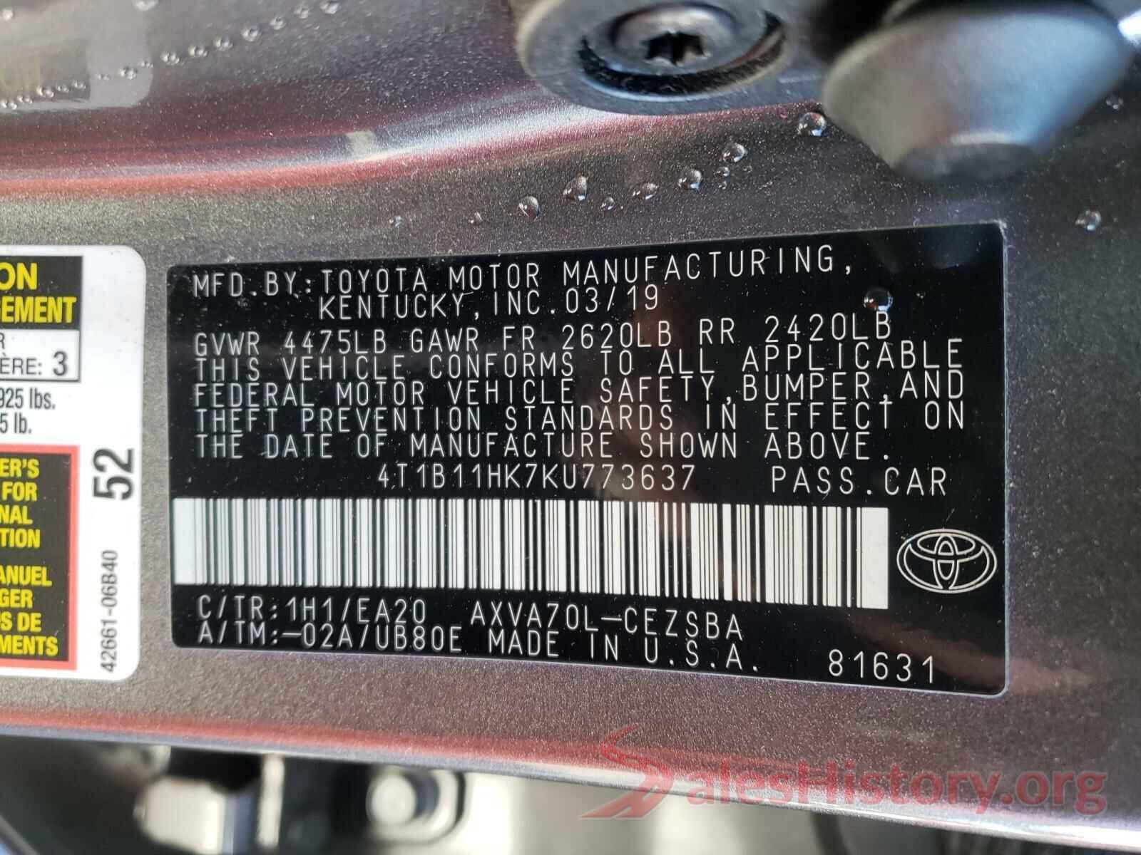 4T1B11HK7KU773637 2019 TOYOTA CAMRY